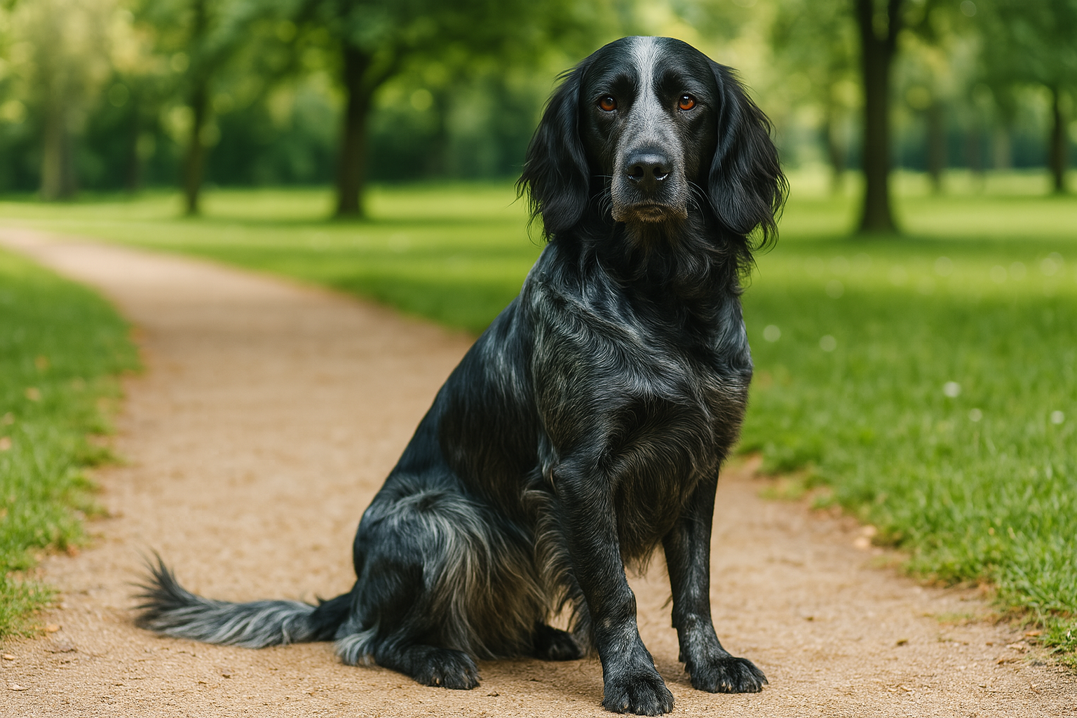 Alt-Tag: Epagneul Bleu de Picardie (Blue Picardy Spaniel) sitzt auf einem Parkweg und blickt in die Kamera – KI-generiertes Bild.