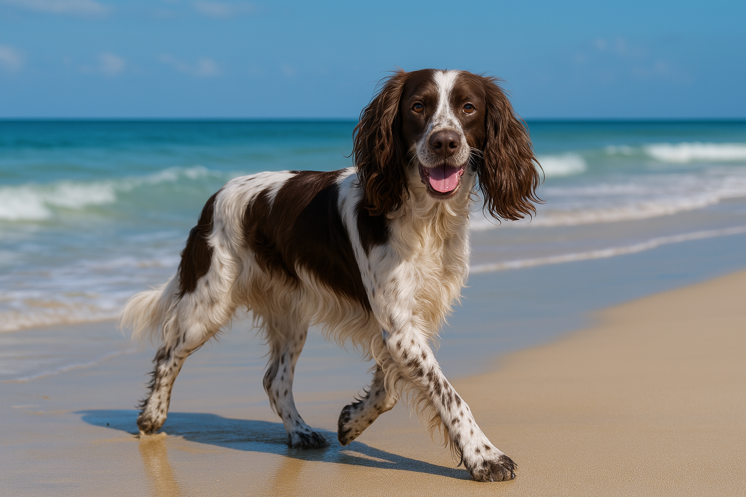 Ein fotorealistisches KI-Bild eines Epagneul Français, der freundlich lächelnd am Strand entlangläuft und in die Kamera schaut.