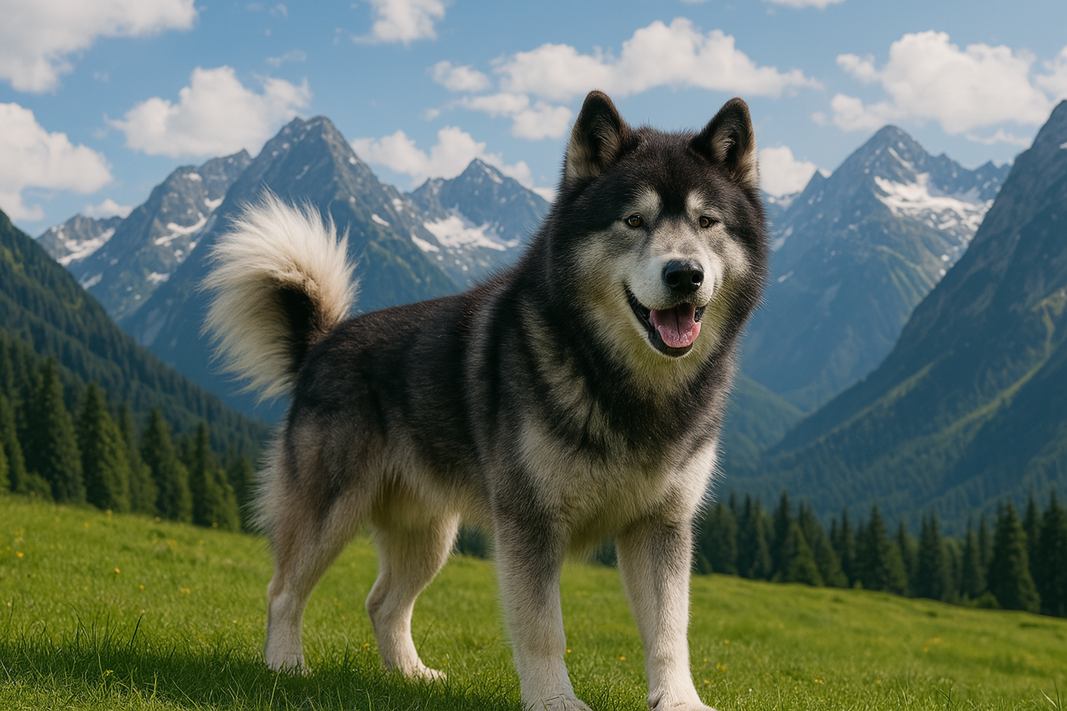 Ein fotorealistisches KI-Bild eines Eskimohundes, der auf einer grünen Wiese vor einem majestätischen Bergpanorama steht und in die Kamera schaut.