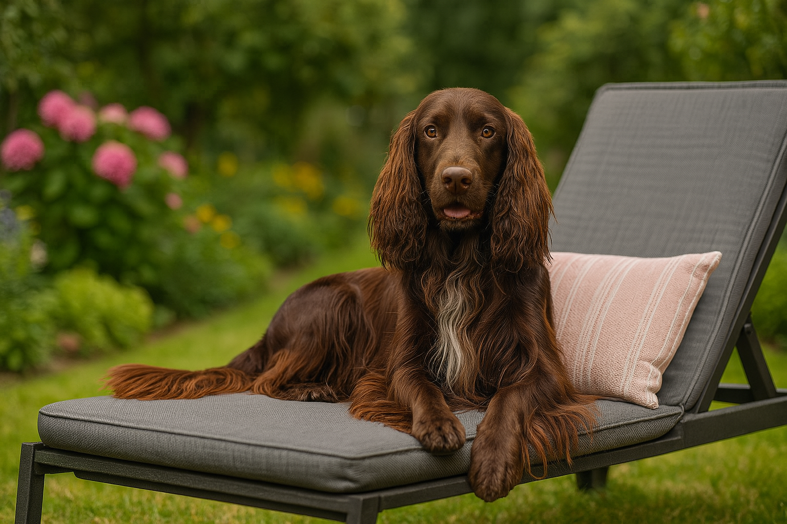 Ein fotorealistisches KI-Bild eines Field Spaniels, der entspannt auf einer Gartenliege mit einem kleinen Kissen liegt und in einem schönen Garten freundlich in die Kamera schaut.