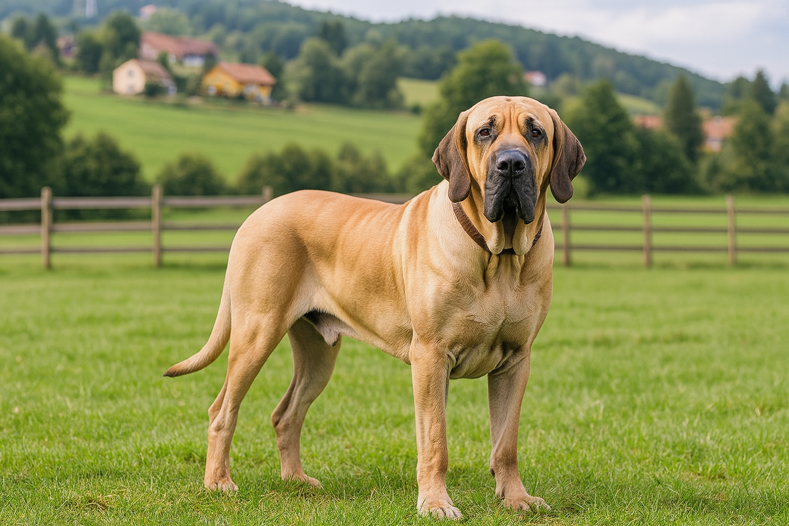Ein fotorealistisches KI-Bild eines Fila Brasileiro, der auf einer großen Wiese vor einem Holzzaun steht und in die Kamera schaut. Im Hintergrund sind ein paar Häuser an einem Hügel und ein kleiner Wald zu sehen.