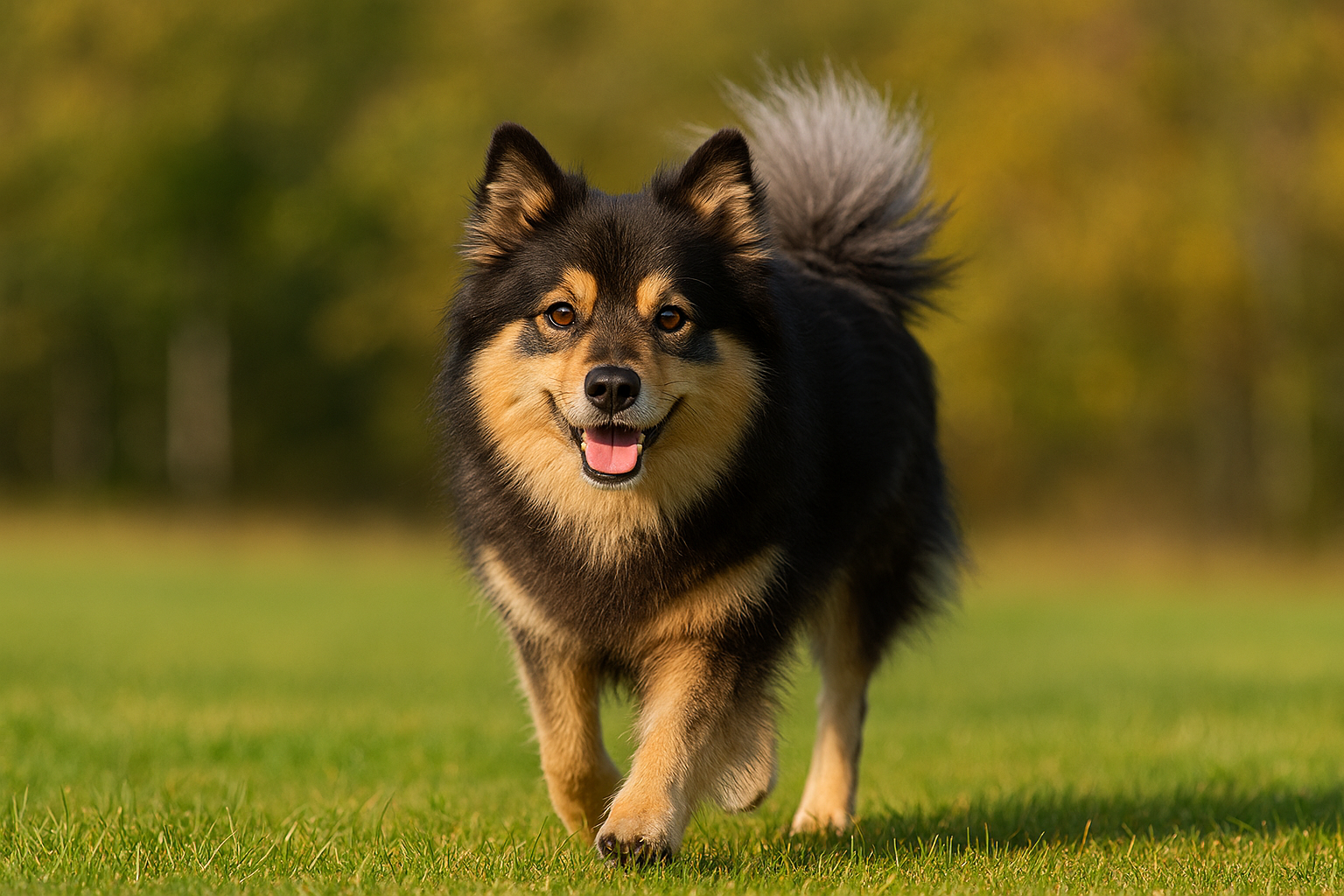 Ein fotorealistisches KI-Bild eines Finnischen Lapphunds, der von vorn auf den Betrachter zuläuft – auf einer spätsommerlichen Wiese im Querformat – und freundlich in die Kamera schaut.