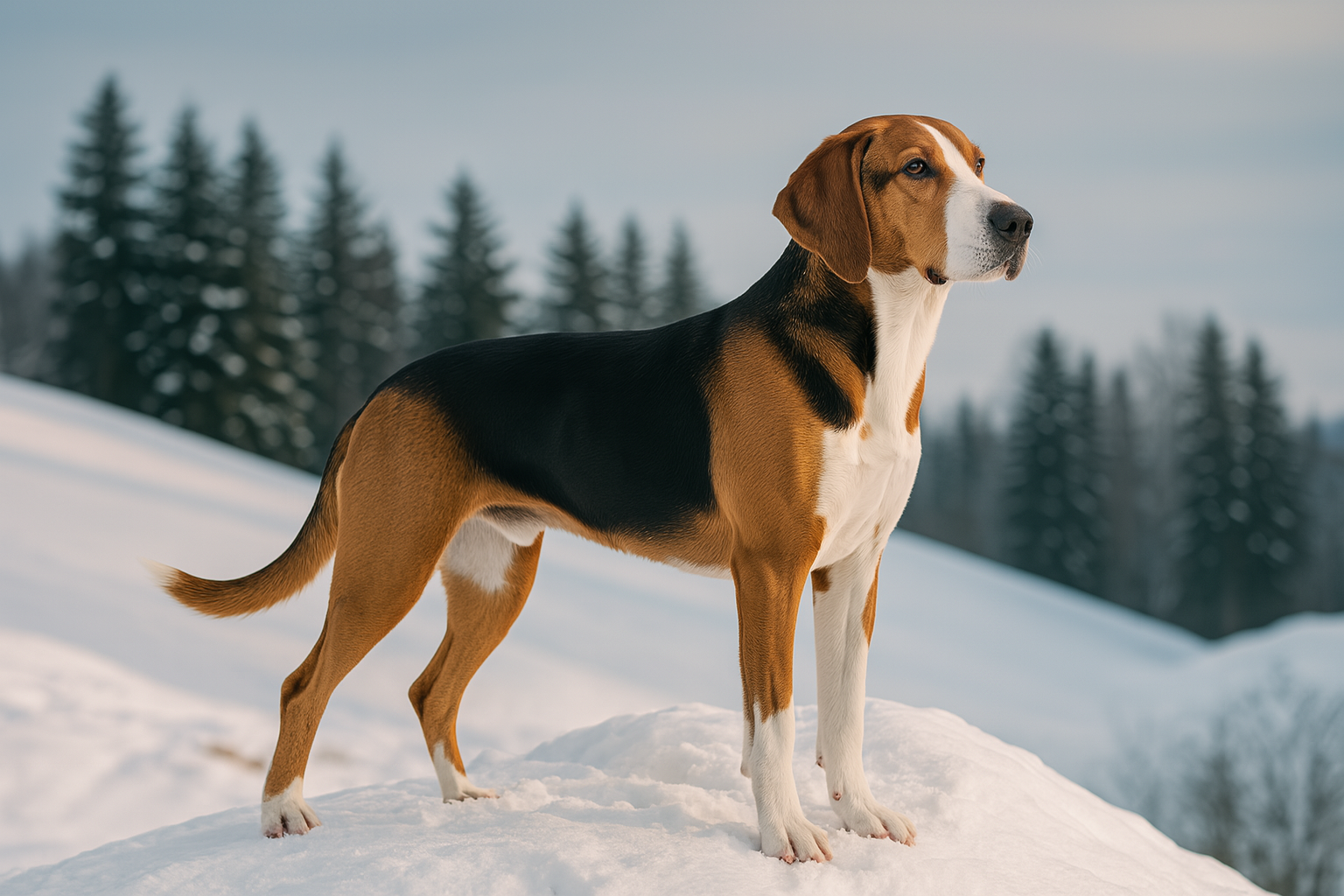 Ein fotorealistisches KI-Bild eines Finnischen Laufhunds, der auf einem schneebedeckten Hügel steht und in die Kamera schaut. Im Hintergrund sind einige verschneite Bäume zu sehen.