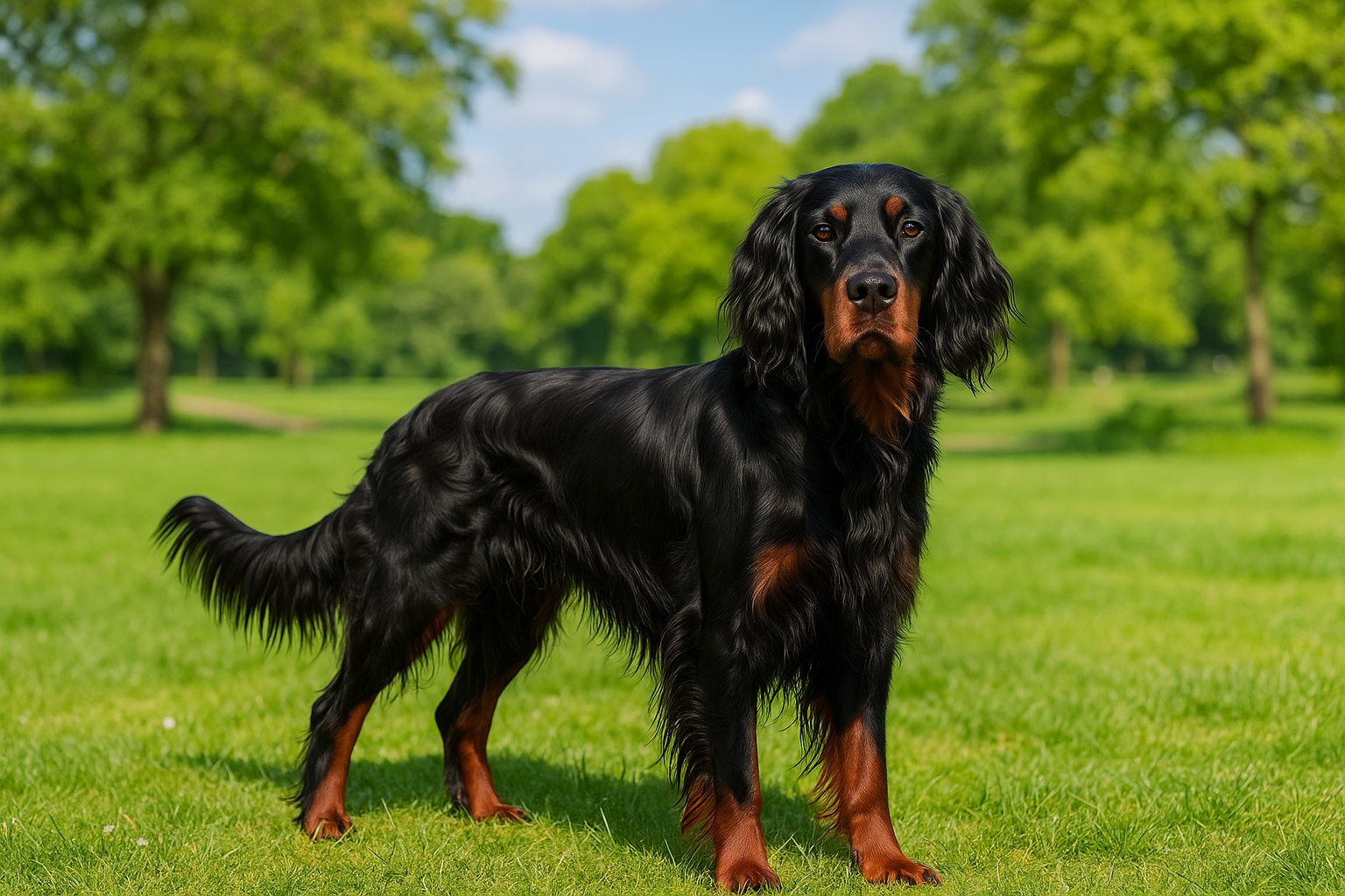 Fotorealistisches KI-Bild eines Gordon Setters an einem sonnigen Tag im Park, mit grünem Gras und Bäumen im Hintergrund.