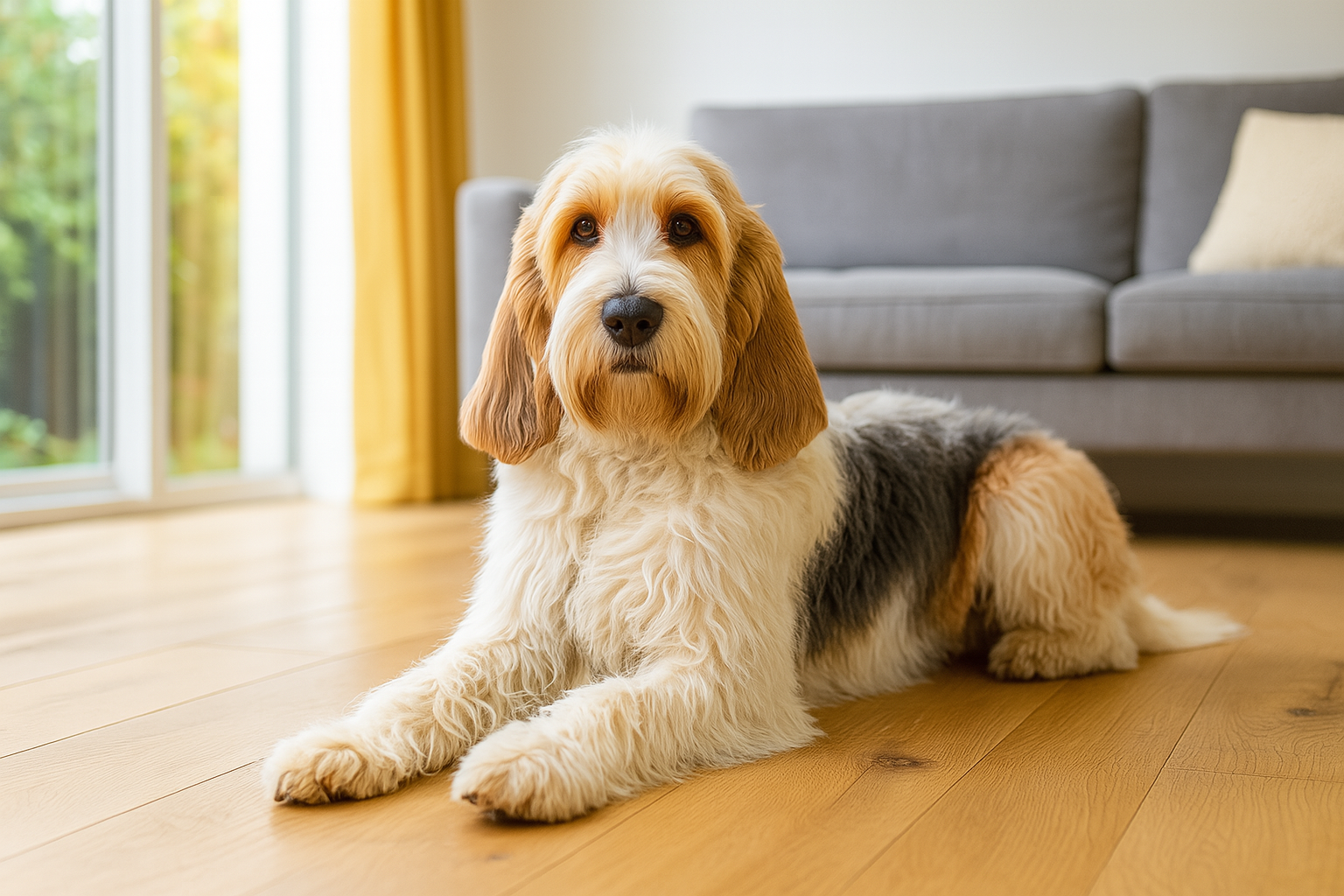 Fotorealistisches KI-Bild eines Grand Basset Griffon Vendéen, der auf einem Holzboden in einem modernen, lichtdurchfluteten Wohnzimmer liegt und in die Kamera schaut.