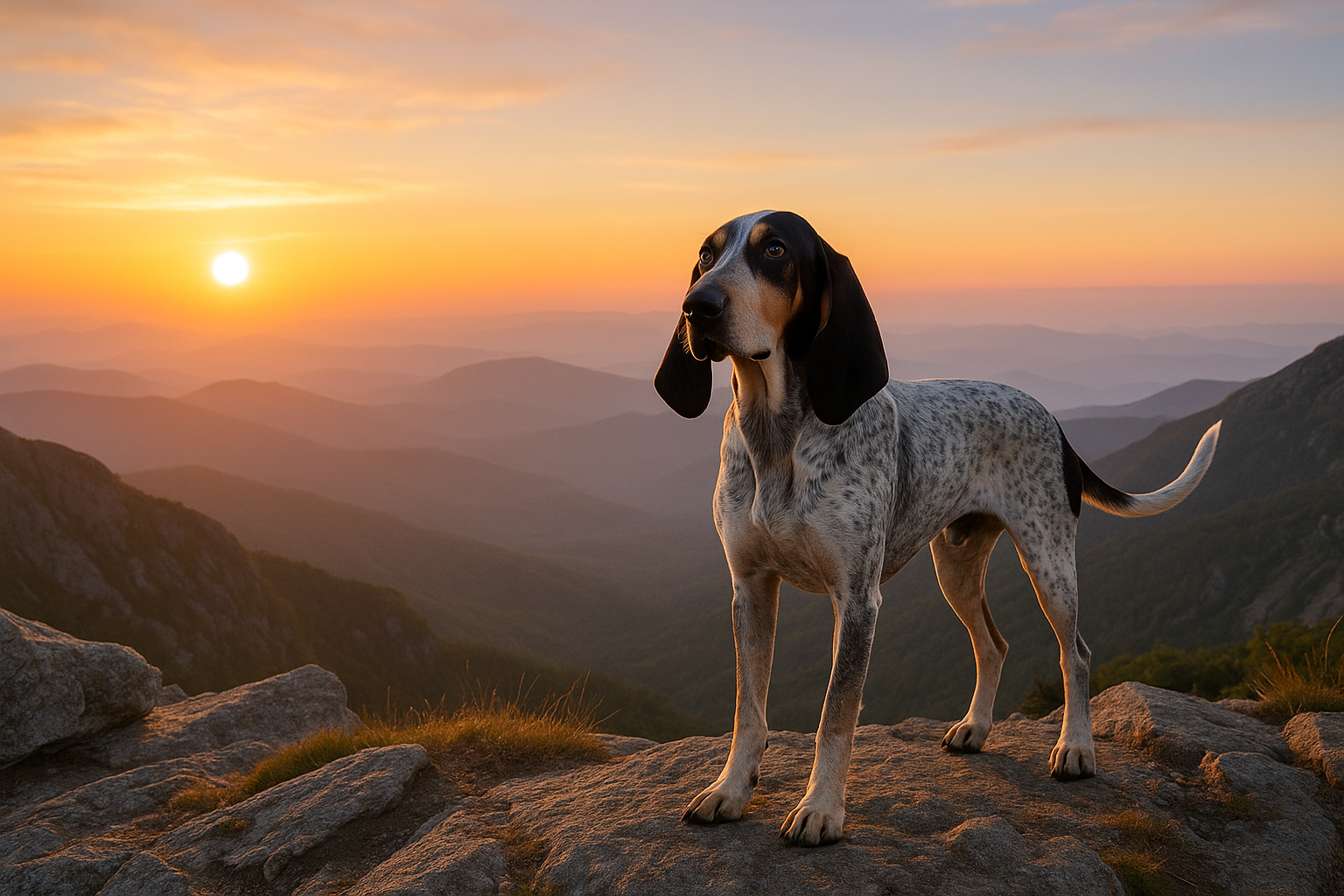 Fotorealistisches KI-Bild eines Grand Gascon Saintongeois, der stolz bei Sonnenaufgang auf einem Berggipfel steht und in die Ferne blickt.