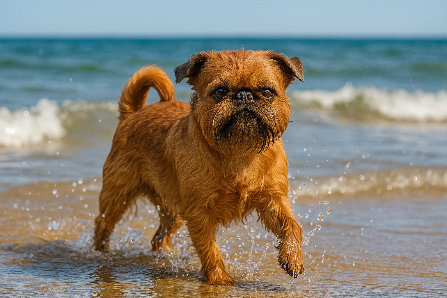 Fotorealistisches KI-Bild eines Griffon Belge, der durch seichtes Wasser am Sandstrand rennt. Wassertropfen spritzen, während der Hund lebendig in die Kamera blickt.