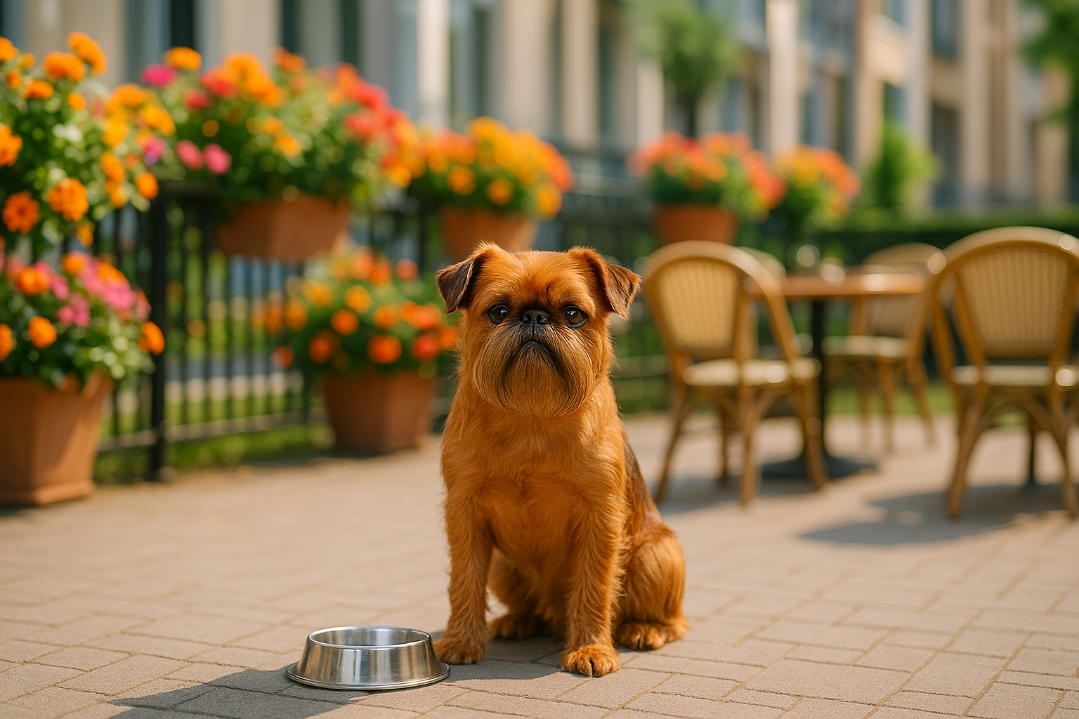 Ein Griffon Bruxellois auf einer sonnigen Caféterrasse mit Blumen – KI-generiertes Bild.
