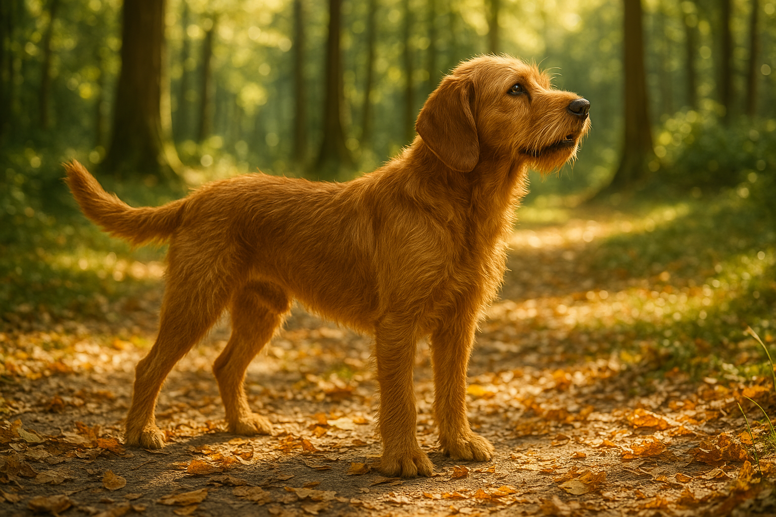 Ein Griffon Fauve de Bretagne auf einer sonnigen Waldlichtung mit Laub – KI-generiertes Bild.