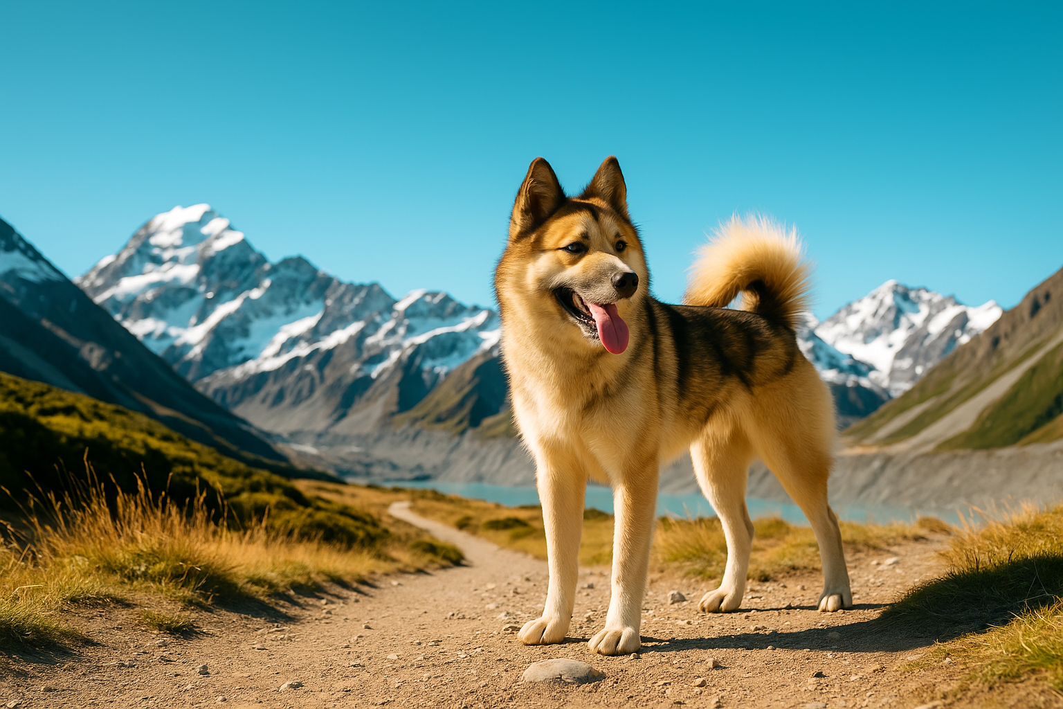 Ein Grönlandhund auf einem sonnigen Bergpfad mit schneebedeckten Gipfeln – KI-generiertes Bild.