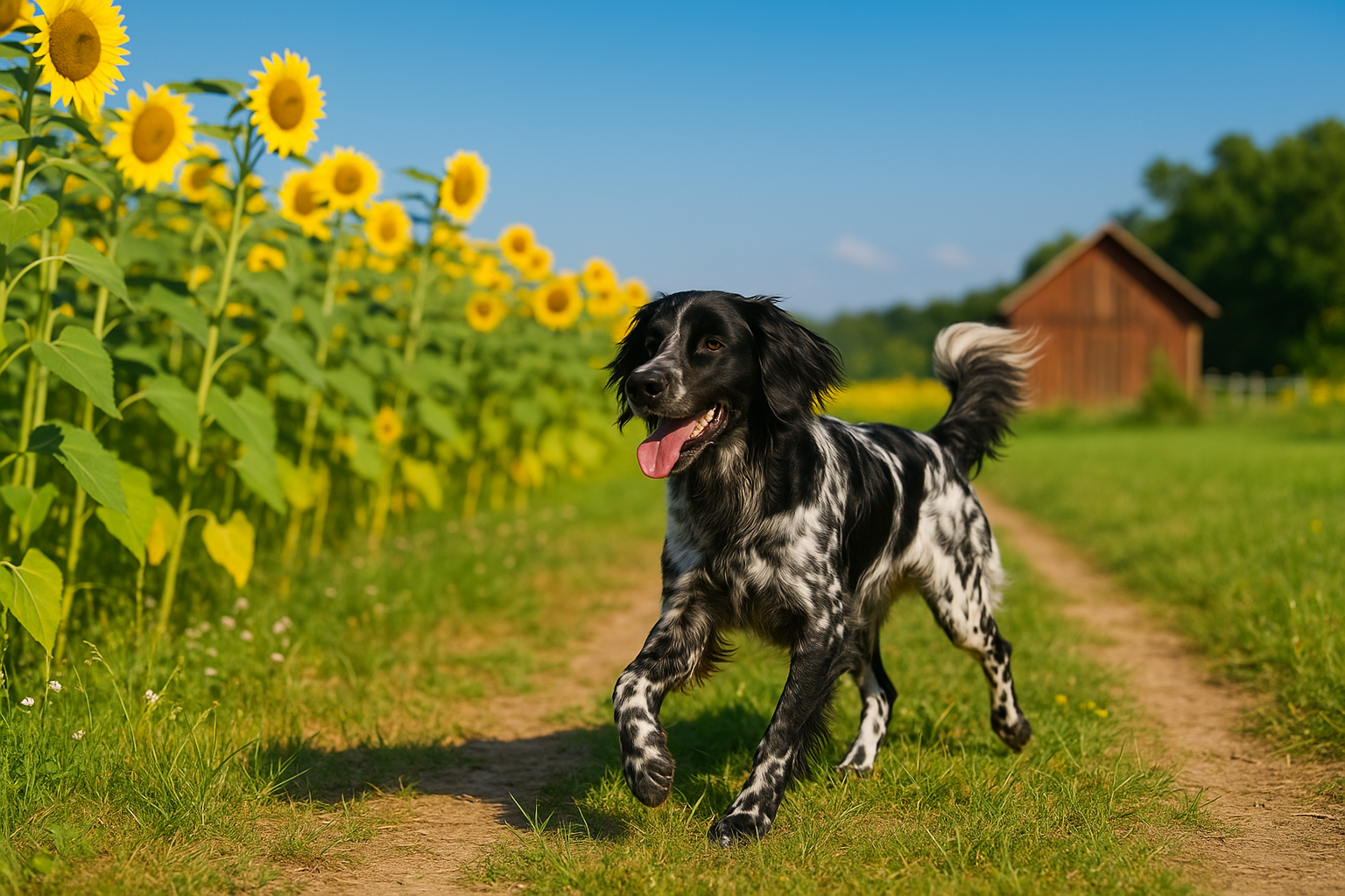 Ein Großer Münsterländer läuft durch ein Sonnenblumenfeld mit Scheune im Hintergrund – KI-generiertes Bild.