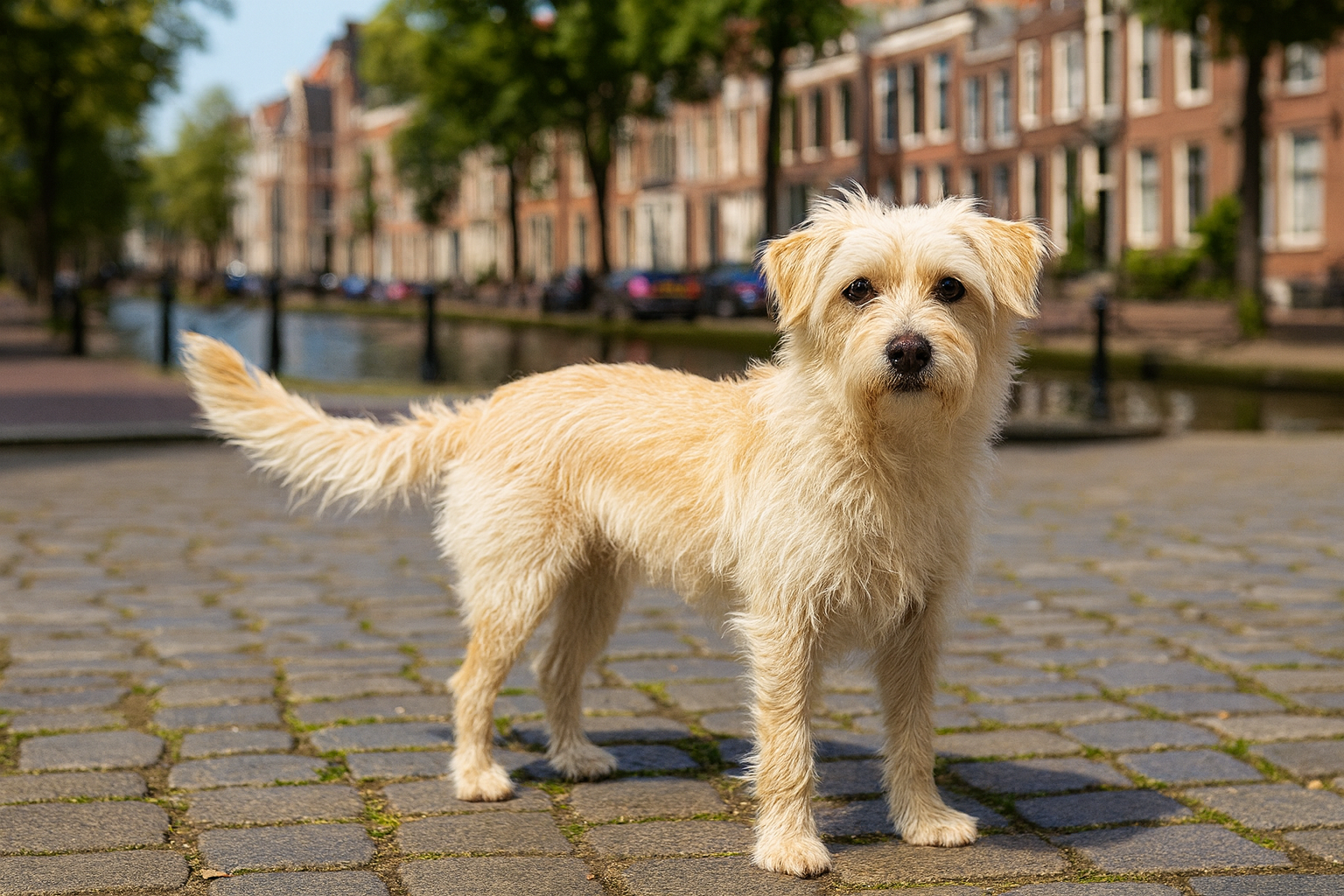 Hollandse Smoushond (niederländischer Rattler) als KI-generiertes Bild – der Hund steht auf einer sonnigen Kopfsteinpflasterstraße vor einem typischen holländischen Kanal mit historischen Gebäuden im Hintergrund.