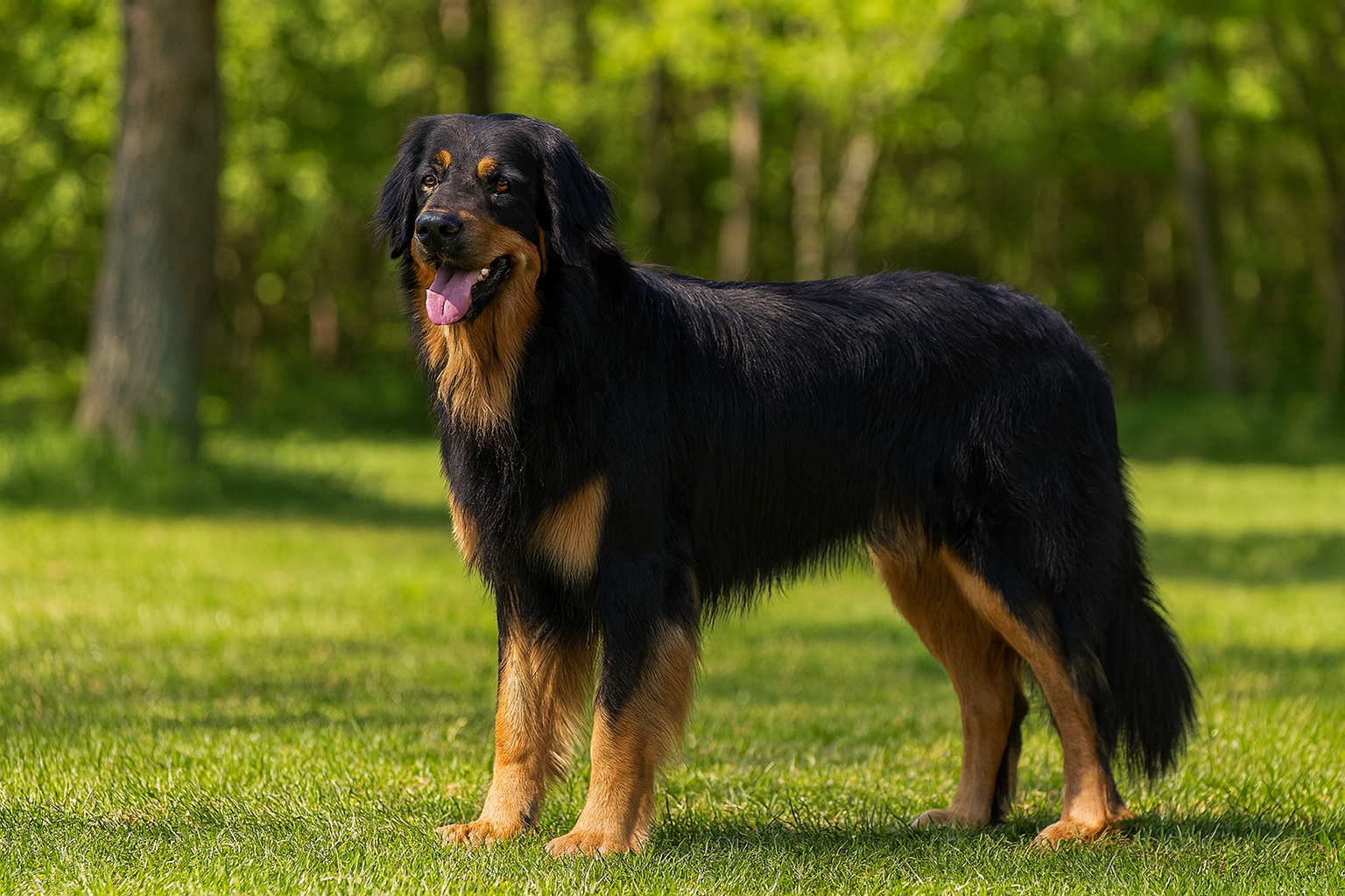 Hovawart als KI-generiertes Bild – der Hund steht auf einer sonnigen Wiese mit Wald im Hintergrund und blickt direkt in die Kamera.