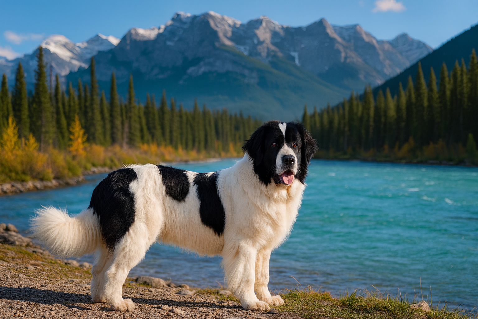 Landseer in fotorealistischer KI-Darstellung, spiegelverkehrt am Flussufer in einer kanadischen Landschaft mit Bergen und Nadelwald