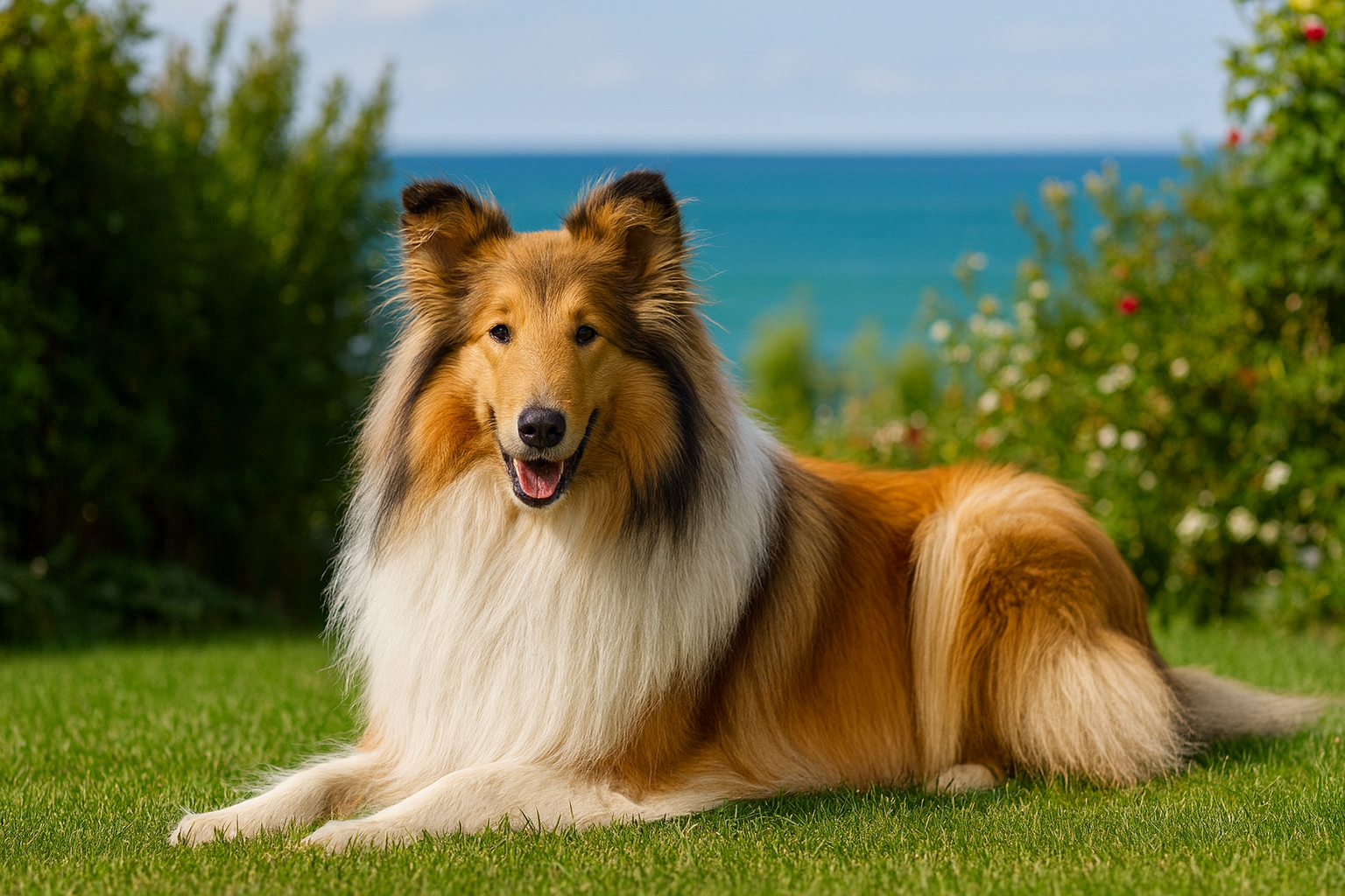 Langhaarcollie mit Meerblick Langhaarcollie in fotorealistischer KI-Darstellung, liegend im Garten mit Blick auf das Meer, freundlich in die Kamera blickend