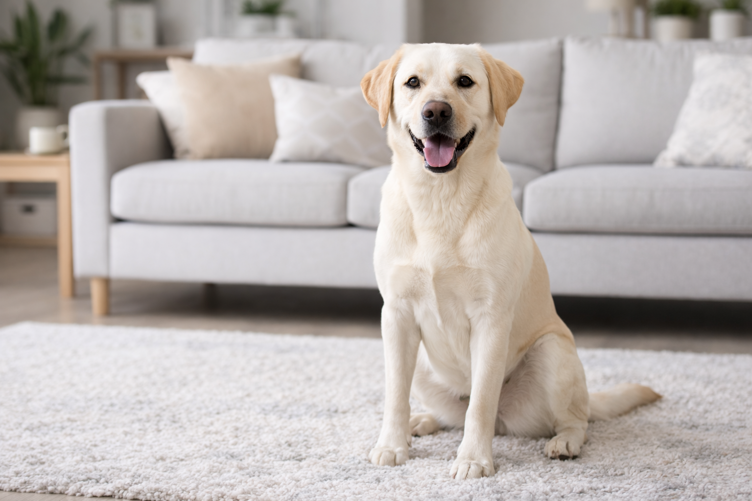 Weitergeben  Alt-Text: Ein cremefarbener Labrador Retriever sitzt gut gelaunt in einem hellen, modernen Wohnzimmer vor einem hellgrauen Sofa und blickt direkt in die Kamera – KI-generiertes Bild.