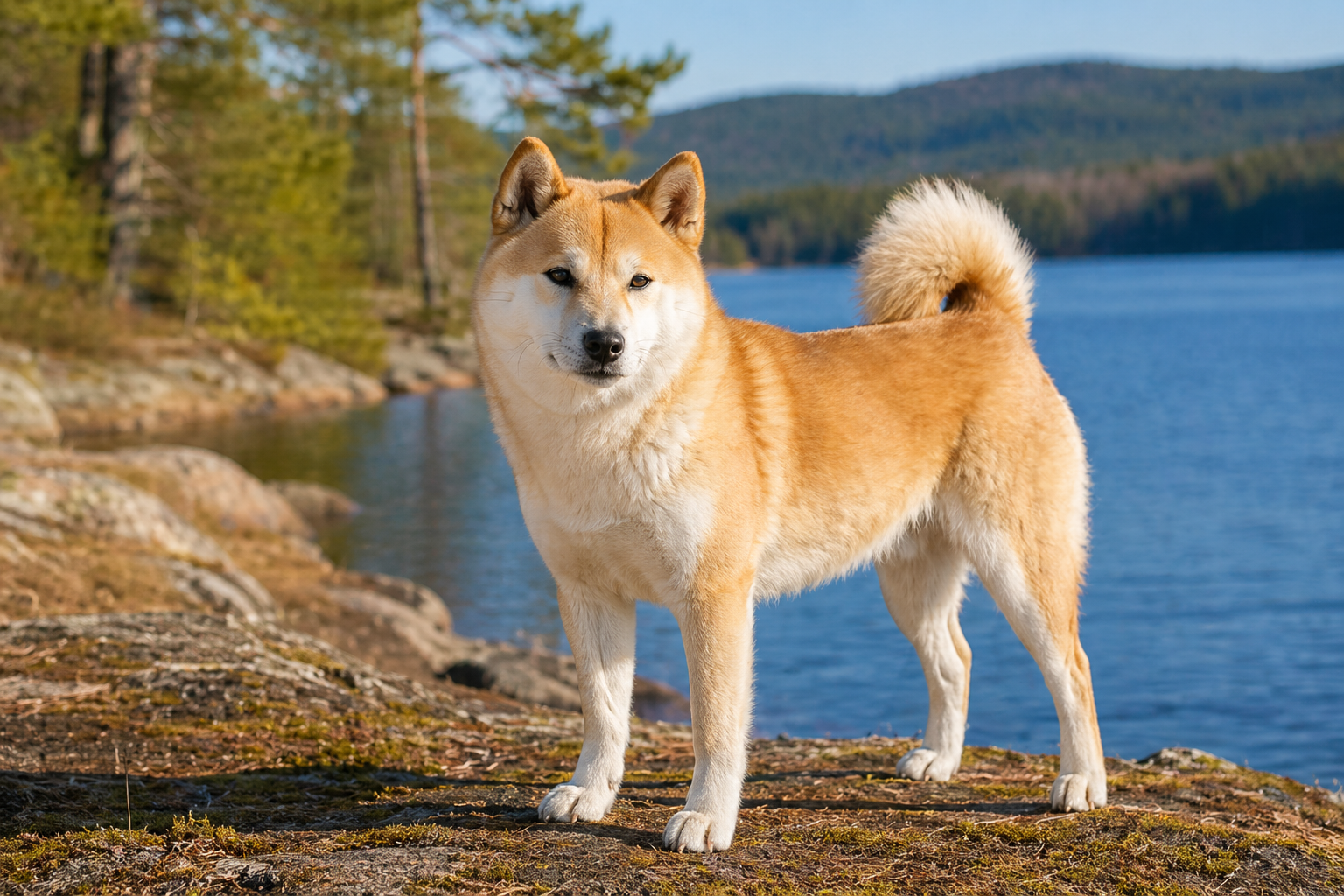 Ainu-Hund mit hellem, flauschigem Fell steht auf einem sonnigen Felsufer an einem ruhigen See und blickt aufmerksam in die Kamera, im Hintergrund Wald und blauer Himmel 