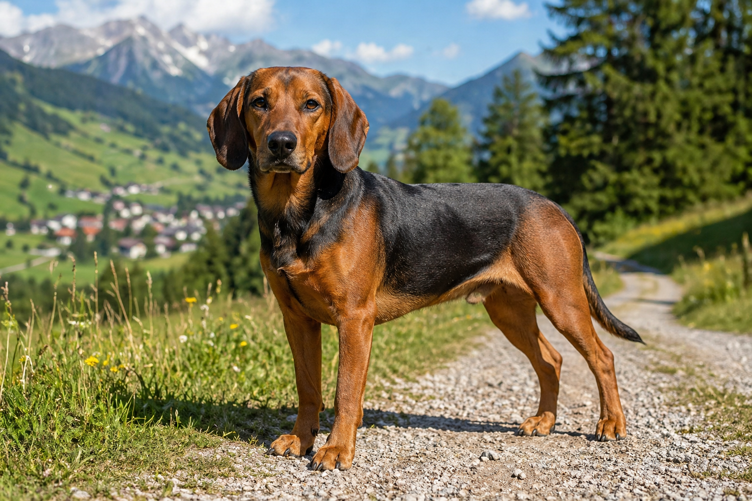 Alpenländische Dachsbracke steht auf einem sonnigen Feldweg in alpiner Landschaft mit Dorf im Hintergrund und schaut aufmerksam in die Kamera 
