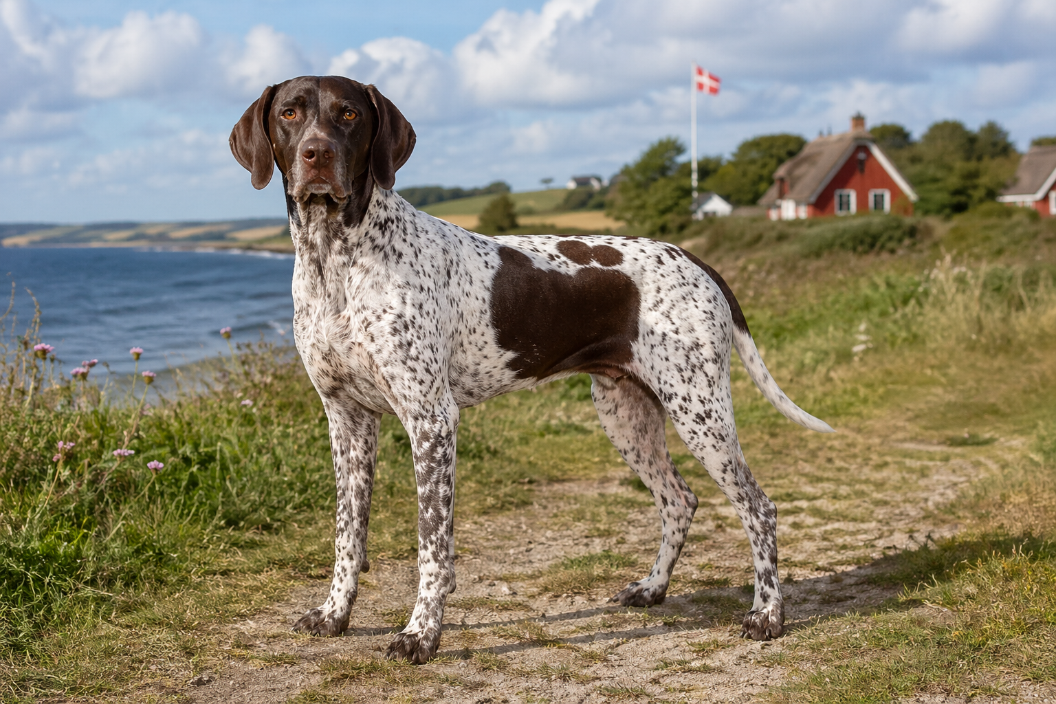 Altdänischer Vorstehhund steht vor einem typischen dänischen Haus in sonniger Küstenlandschaft und schaut aufmerksam in die Kamera 