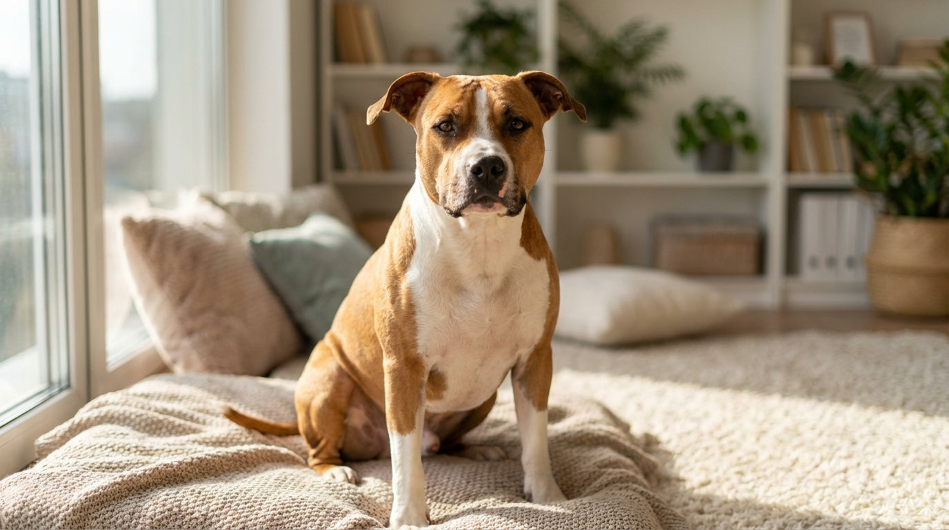  American Staffordshire Terrier sitzt ruhig im hellen Wohnzimmer und schaut liebevoll in die Kamera – gemütliche Heimatmosphäre