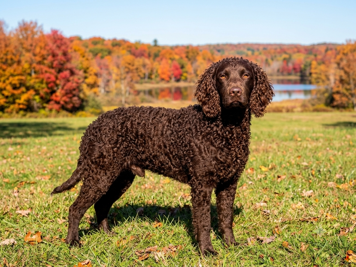 Ein fotorealistisches, KI-generiertes Bild eines American Water Spaniel. Er steht auf einer Wiese vor den bunten Farben des Herbstes in einer nordamerikanischen Landschaft.