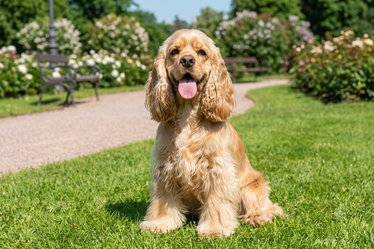 Ein fotorealistisches, KI-generiertes Bild eines Amerikanischen Cockerspaniels. Der Hund sitzt aufrecht in einem Stadtpark.