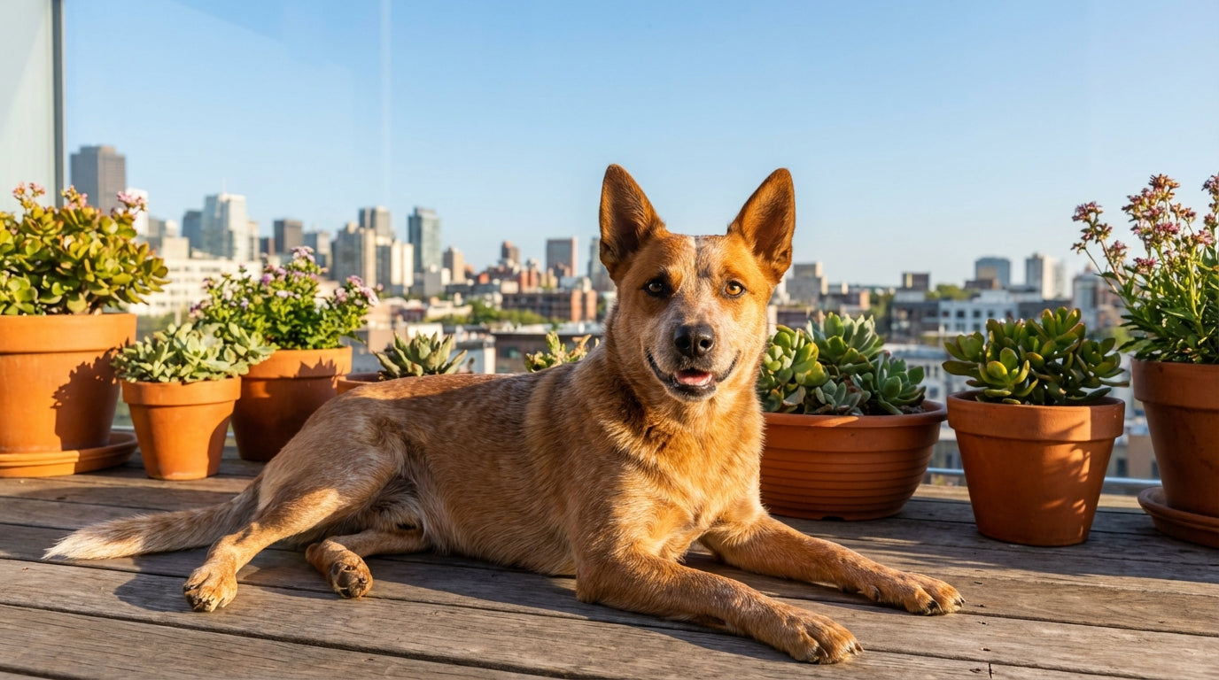 Energischer Australian Cattle Dog liegt entspannt auf sonniger Stadtterrasse und blickt wachsam in die Kamera – moderne urbane Atmosphäre mit Weitblick  (KI-generiertes Bild)