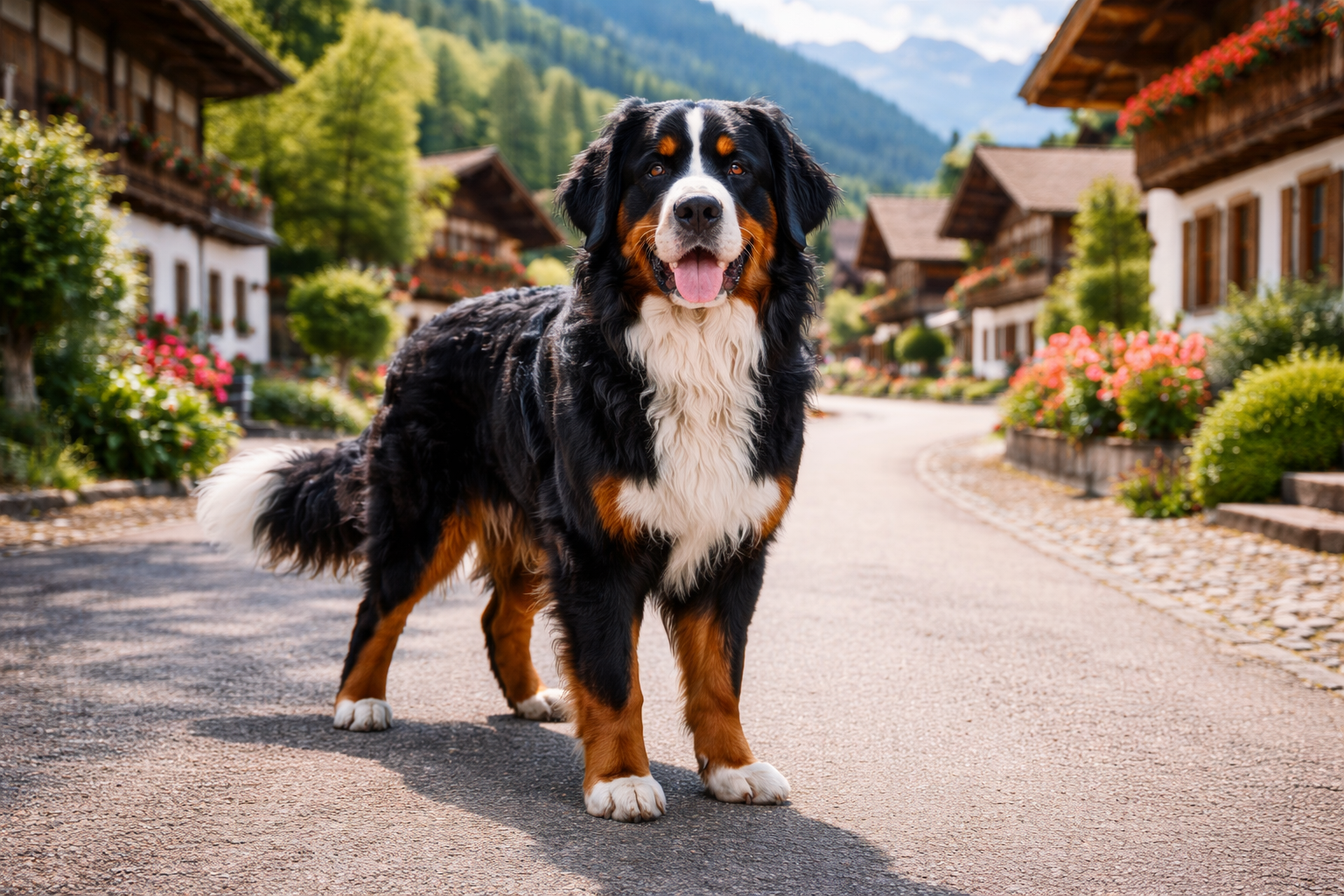 Fotorealistisches KI-Bild eines Berner Sennenhundes ohne Leine, stehend und frontal zur Kamera auf einer kleinen Straße in einem idyllischen Schweizer Dorf im Querformat.