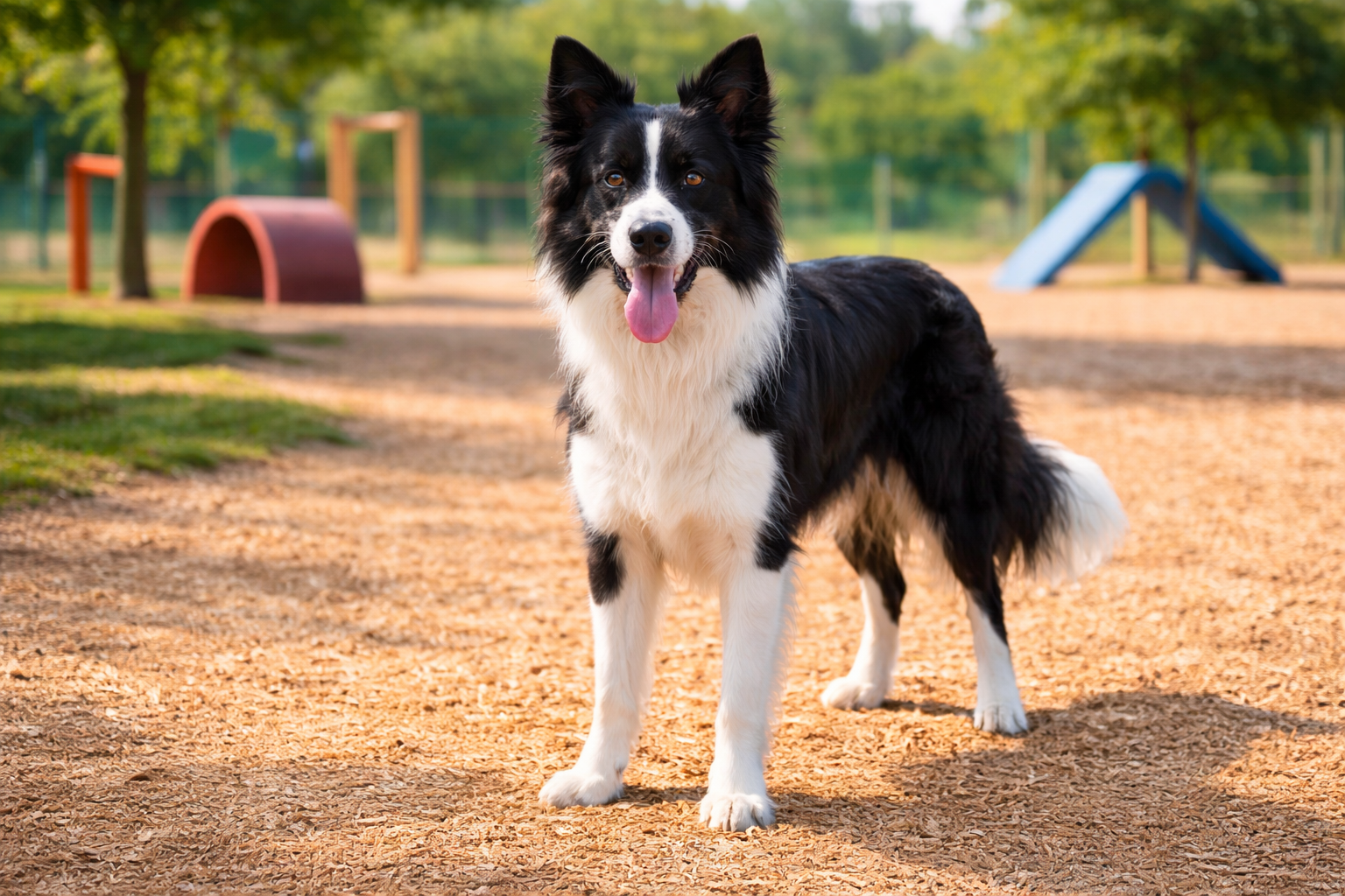 Fotorealistisches KI-Bild eines Border Collies ohne Leine, stehend und frontal zur Kamera auf einem sonnigen Hundespielplatz im Querformat.
