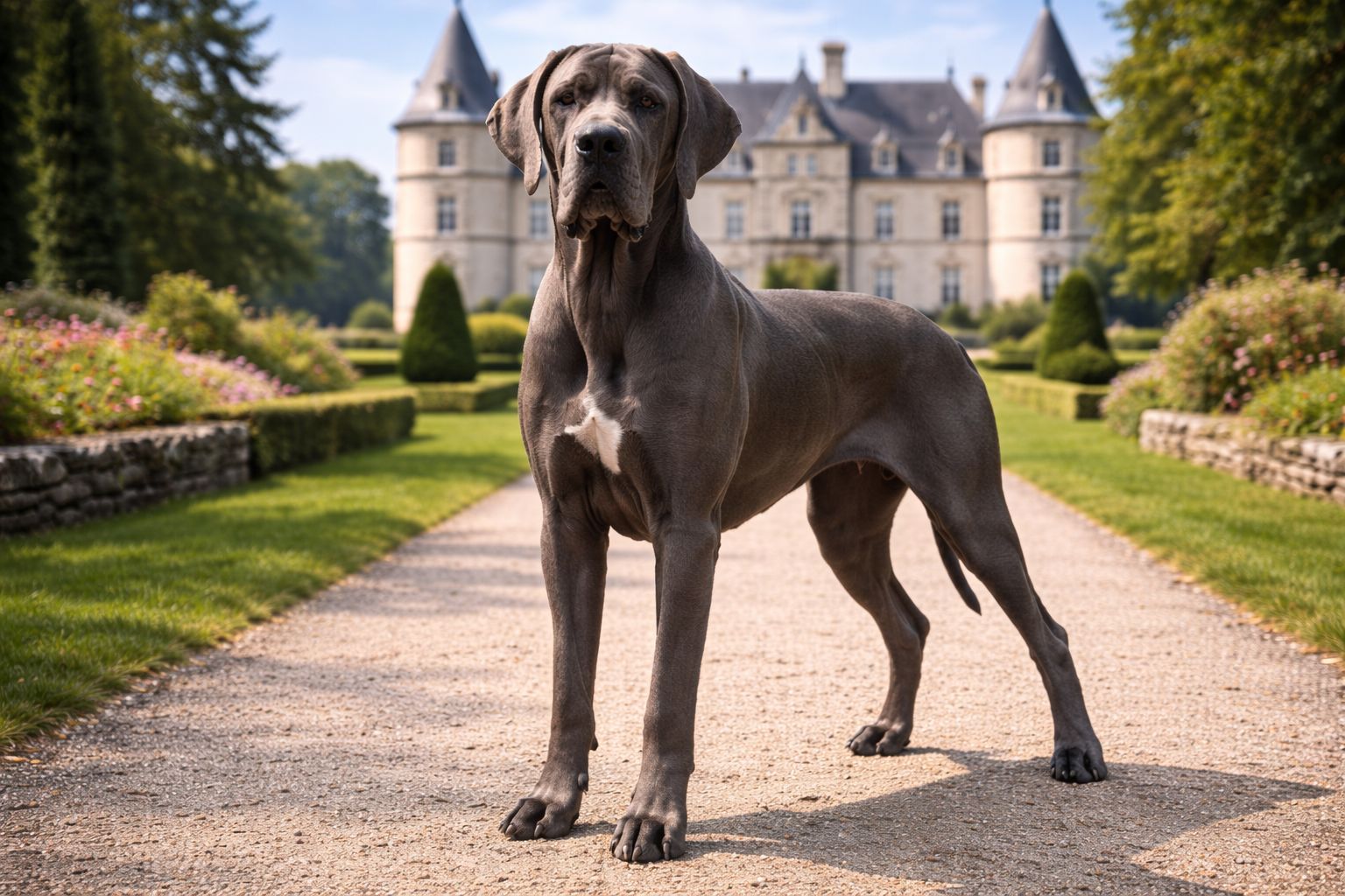 Fotorealistisches KI-Bild einer Deutschen Bulldogge ohne Leine, frontal stehend vor einem prachtvollen deutschen Schloss im Querformat.