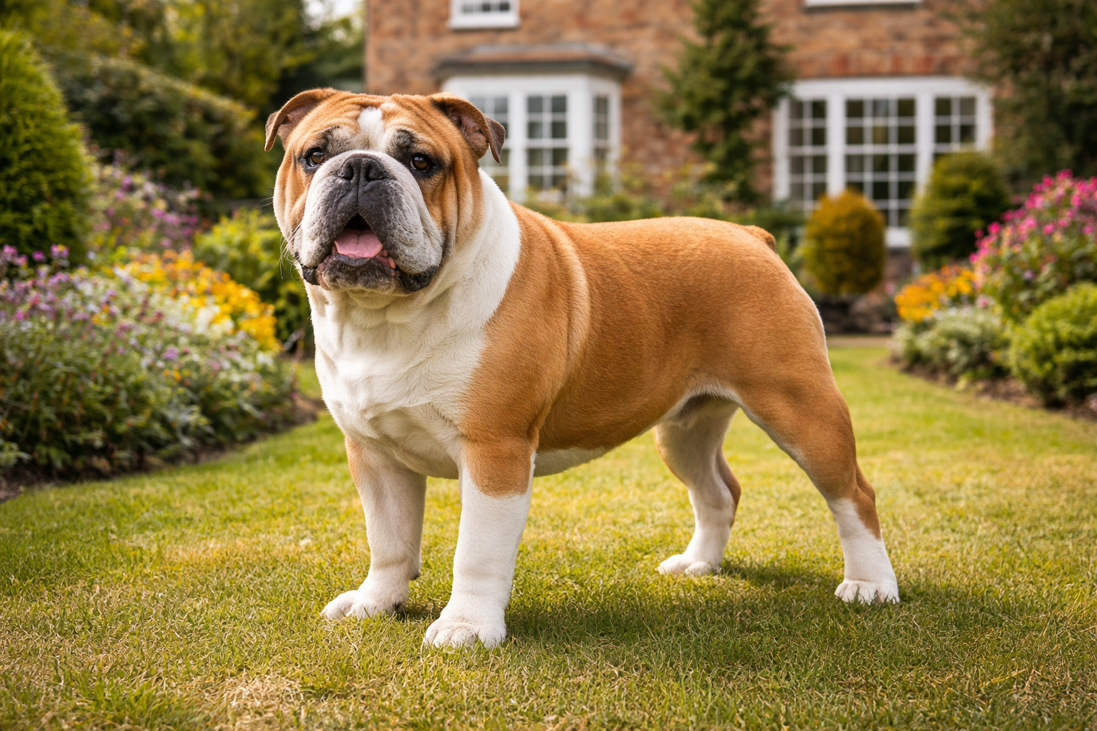 Fotorealistisches KI-Bild einer Englischen Bulldogge ohne Leine, seitlich stehend in einem gepflegten Garten vor einem schönen englischen Haus, Blick zur Kamera, Querformat.