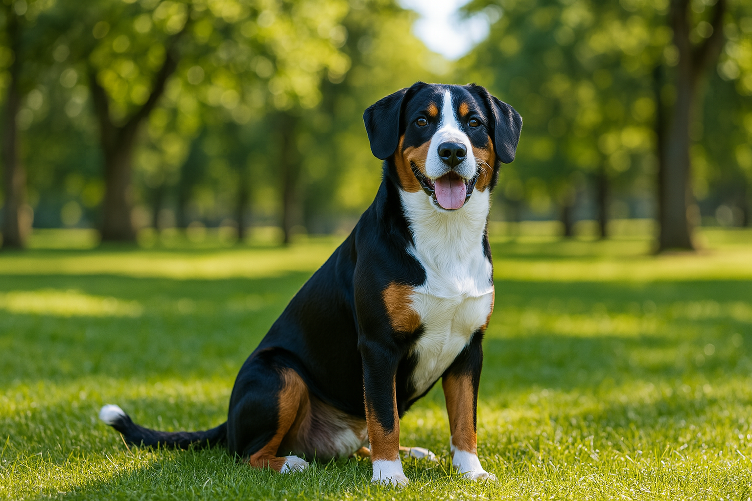 Schöner Entlebucher Sennenhund sitzt aufrecht in einem Park. Das Bild wurde von einer KI erzeugt.