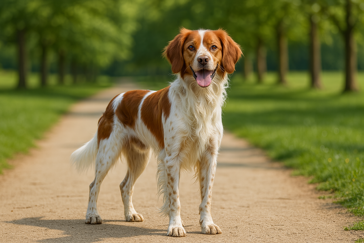 Ein fotorealistisches KI-Bild eines Epagneul Breton, der seitlich auf einem hellen Parkweg steht und in die Kamera schaut.