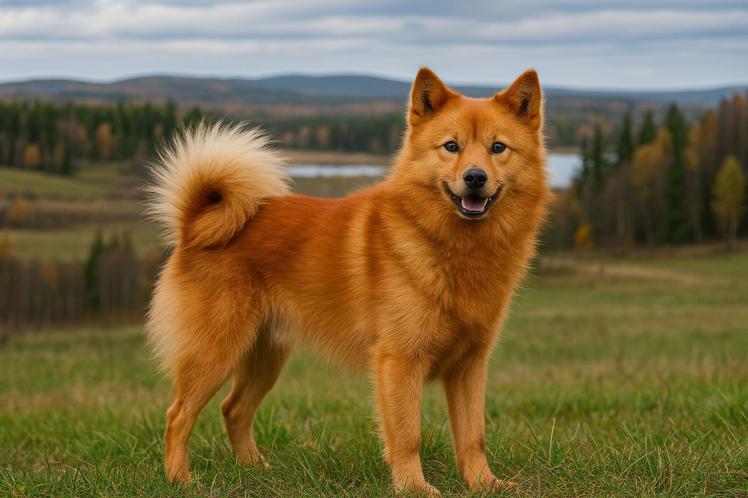Ein fotorealistisches KI-Bild eines Finnenspitz, der seitlich in einer weiten finnischen Landschaft steht und freundlich in die Kamera schaut.