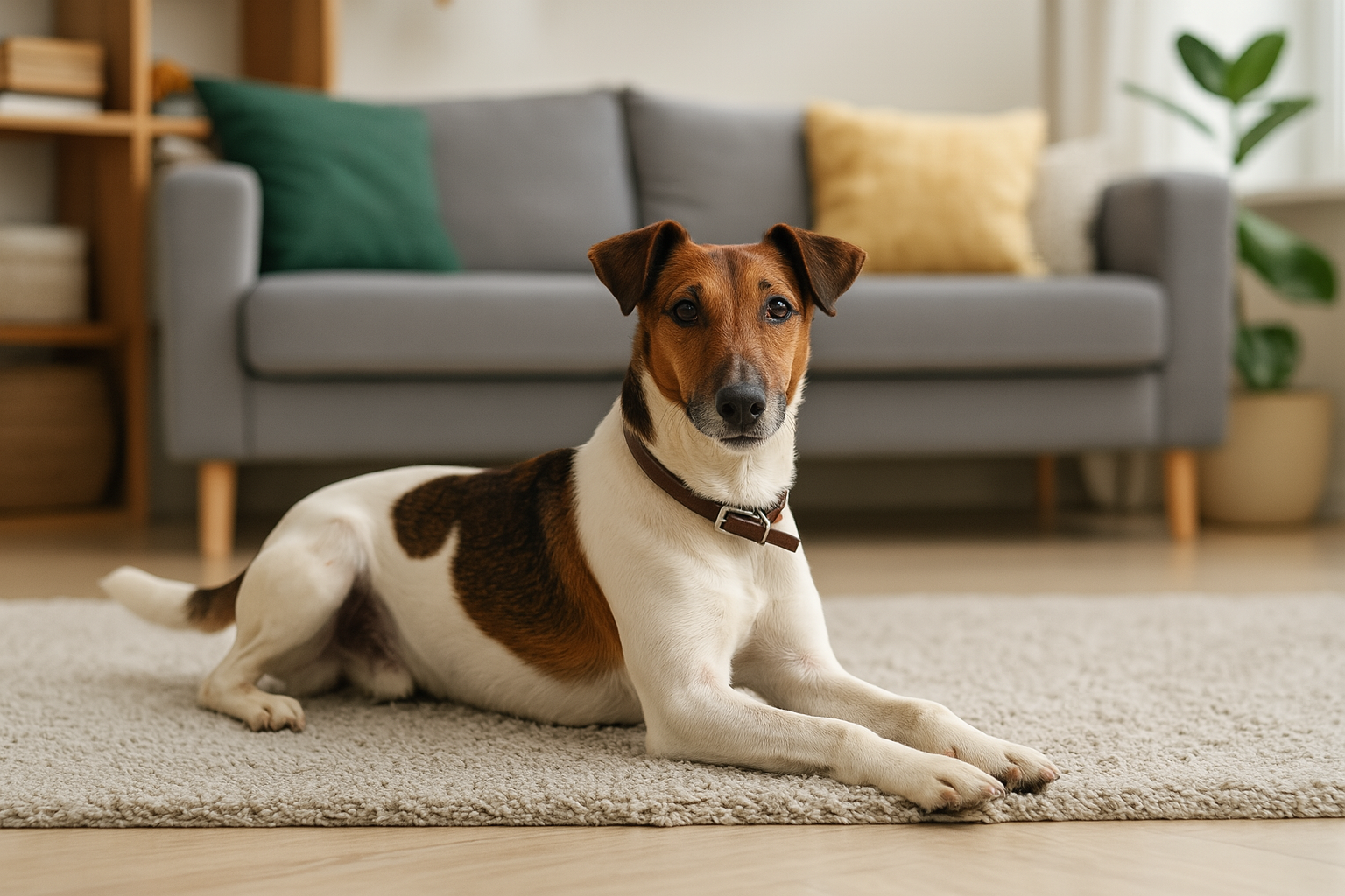 Ein fotorealistisches KI-Bild eines Foxterrier Glatthaar, der auf einem gemütlichen Teppich in einem modernen Wohnzimmer liegt.