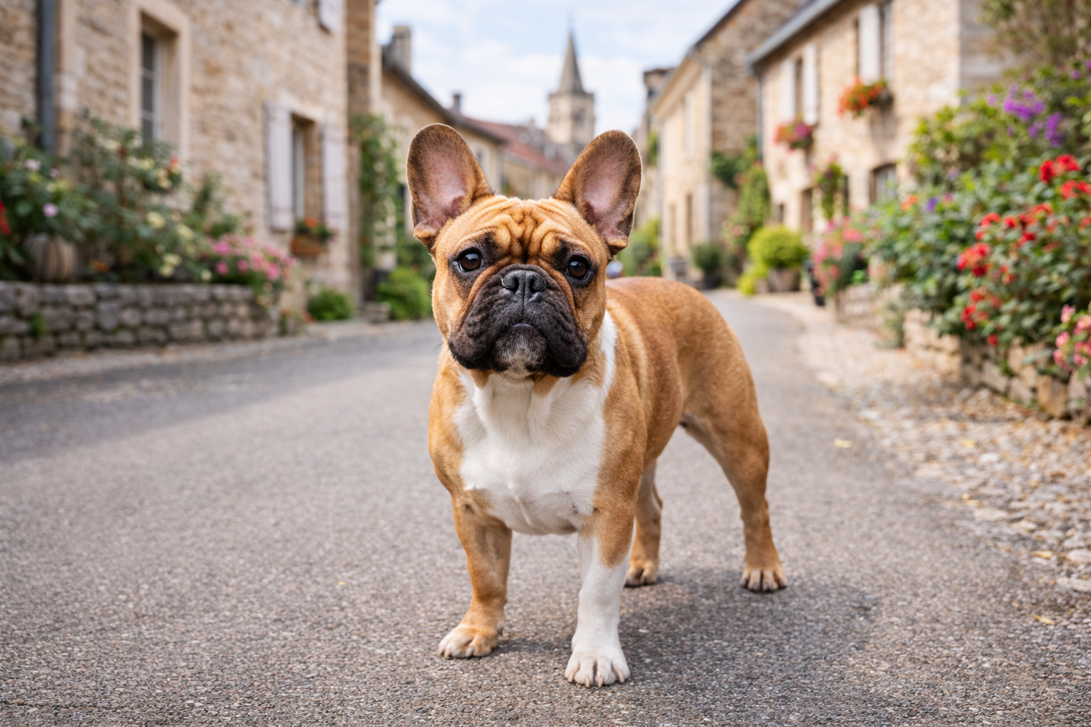 Fotorealistisches KI-Bild einer Französischen Bulldogge ohne Leine, frontal stehend auf einer Straße in einem idyllischen französischen Dorf im Querformat.