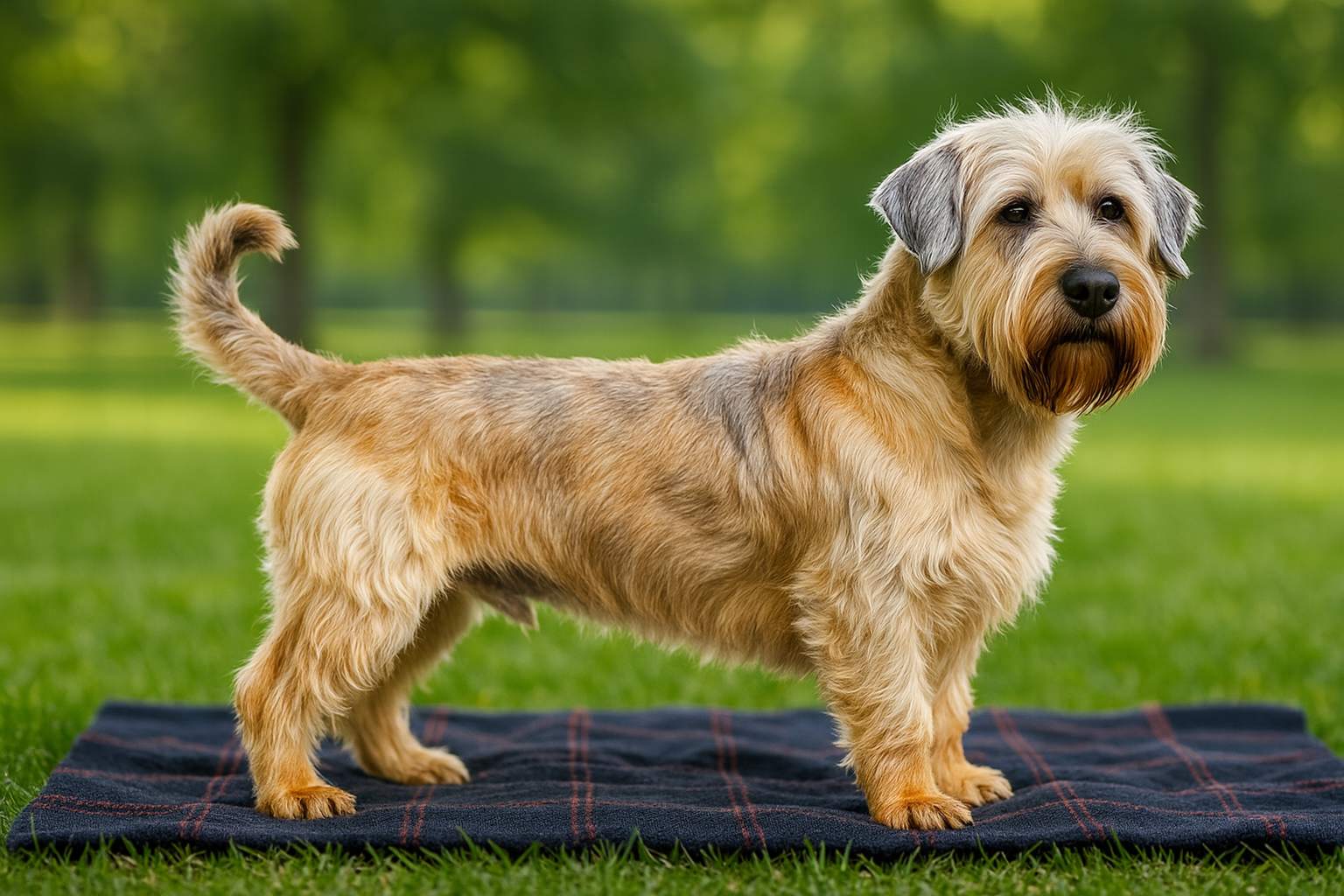 Ein fotorealistisches KI-Bild eines Glen of Imaal Terriers, der in einem hellen Park auf einer dunklen Decke auf der Wiese steht.
