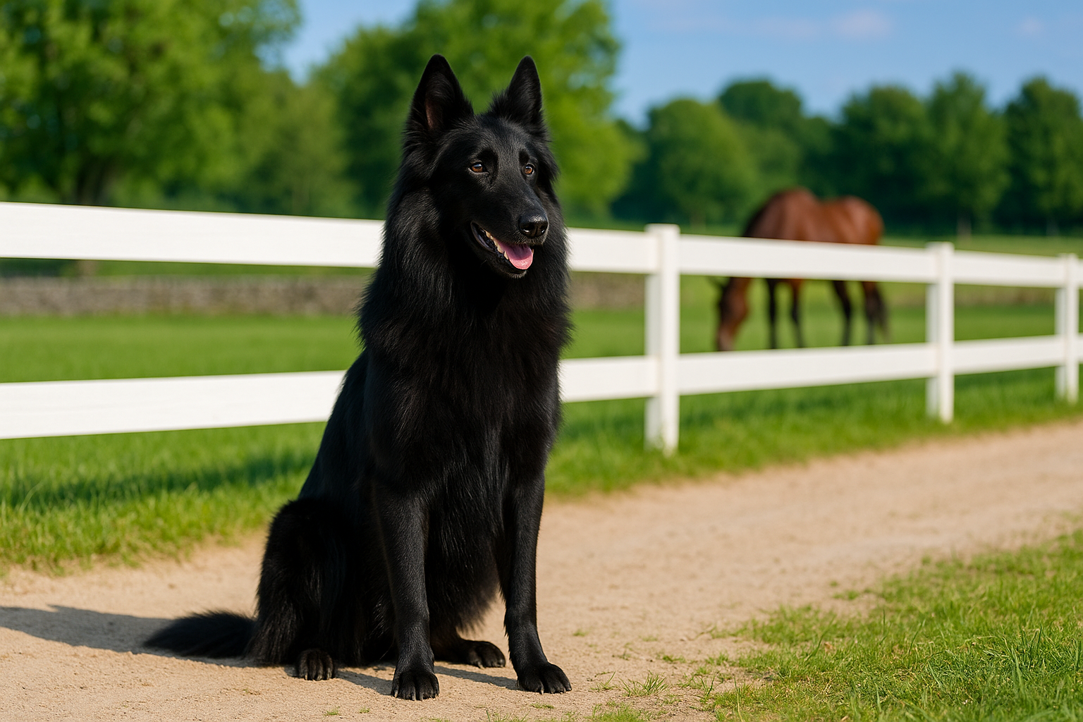 Ein Groenendael sitzt stolz neben einem weißen Holzzaun mit Pferd im Hintergrund – KI-generiertes Bild.