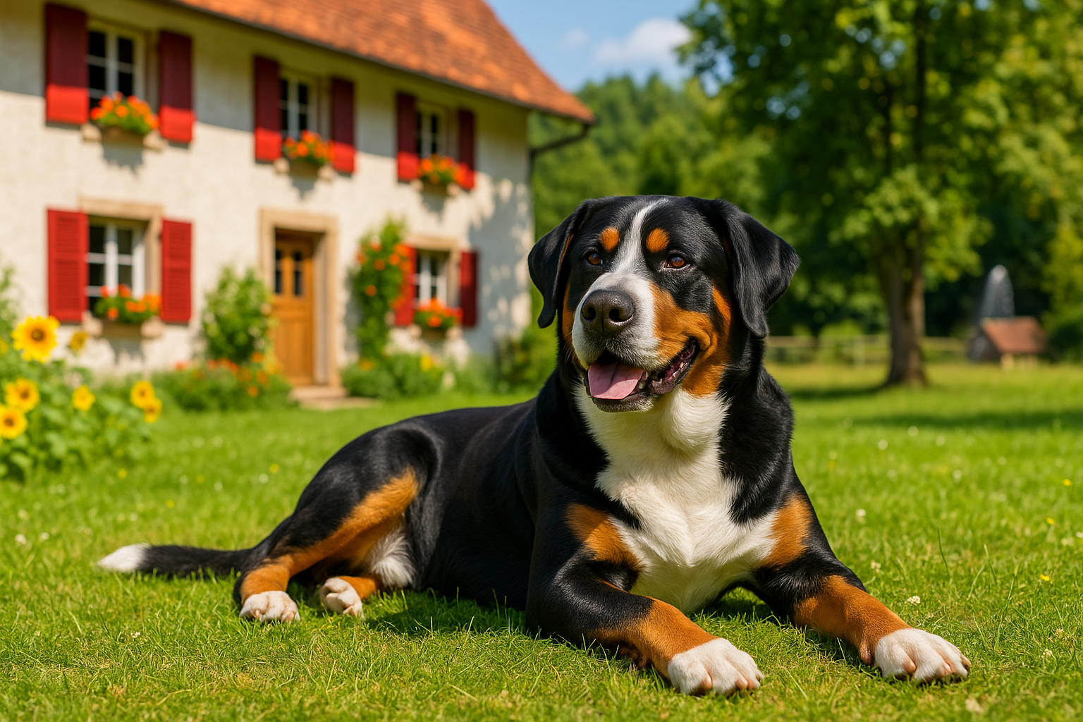 Ein Großer Schweizer Sennenhund liegt auf einer sonnigen Wiese vor einem Bauernhaus – KI-generiertes Bild.