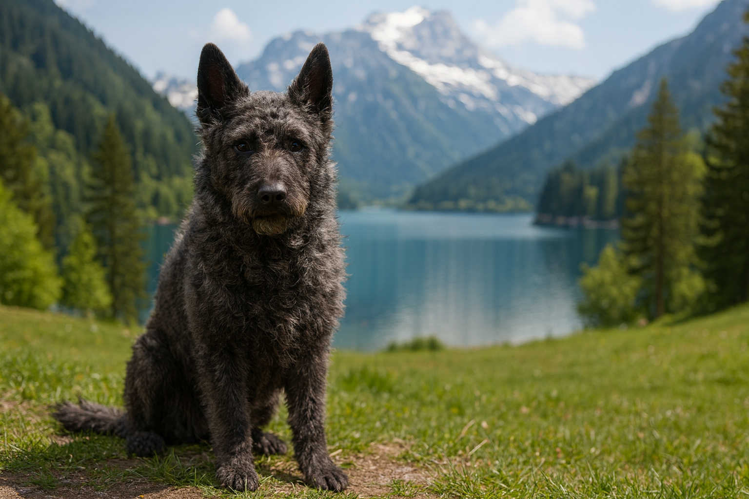 Rauhaariger Hollandse Herdershond (Dutch Shepherd) als KI-generiertes Bild – der Hund sitzt vor einem idyllischen Bergsee mit grünen Wiesen und schneebedeckten Bergen im Hintergrund.