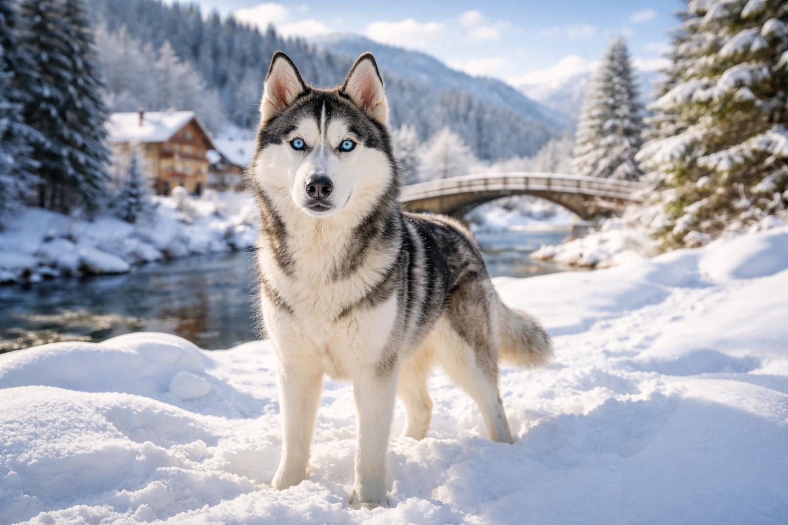 Fotorealistisches KI-Bild eines Huskys ohne Leine, stehend und frontal zur Kamera in einer schneebedeckten Landschaft. 