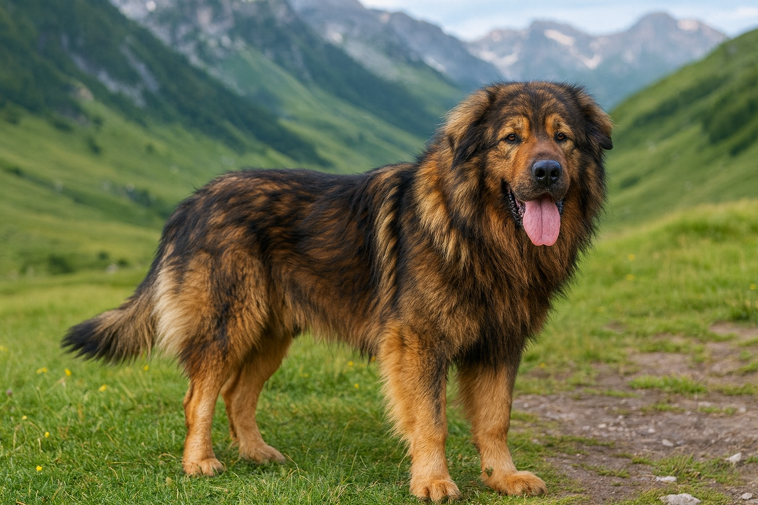 Illyrischer Schäferhund als KI-generiertes Bild – der Hund steht auf einer grünen Almwiese mit Blick auf ein alpines Tal und schroffe Berghänge im Hintergrund, während er direkt in die Kamera schaut.