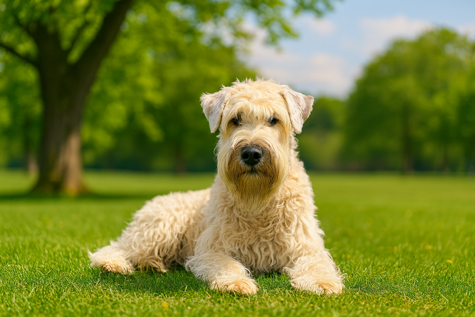 Irischer Soft Coated Wheaten Terrier als KI-generiertes Bild – der Hund liegt auf einer sonnigen Wiese in einem Park und blickt direkt in die Kamera.