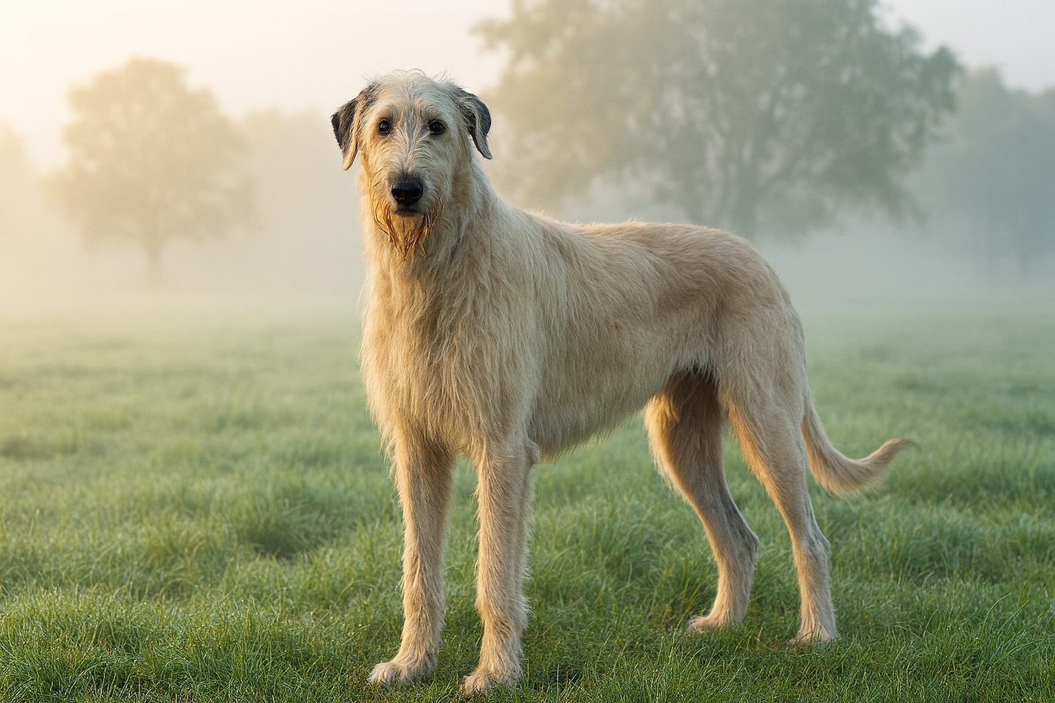 Fotorealistisches KI-Bild eines Irish Wolfhounds, der morgens auf einer nebligen Wiese steht und in die Kamera schaut. Im Hintergrund sind Bäume zu sehen.