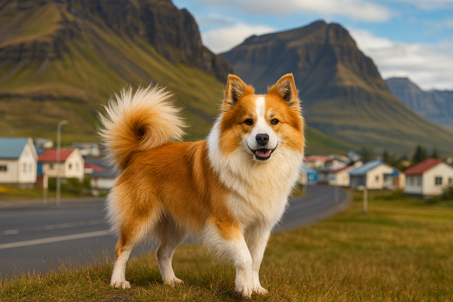 Fotorealistisches KI-Bild eines Islandhundes mit rötlich-weißem Fell, der in die Kamera schaut. Der Hund steht vor einer isländischen Kleinstadt mit bunten Häusern und Straßen, im Hintergrund beeindruckende grüne Berge unter blauem Himmel.