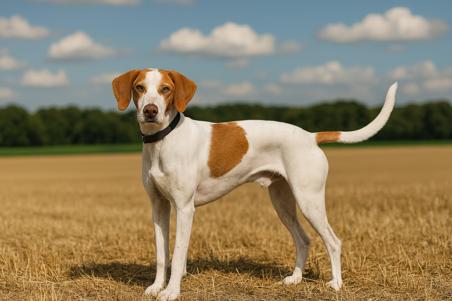 Fotorealistisches KI-Bild einer Istrianer Kurzhaarigen Bracke in einem sonnigen Feld – der Hund blickt aufmerksam in die Kamera.