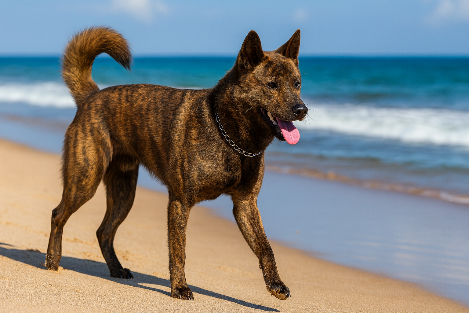 Ein fotorealistisches KI-Bild eines Kai Hundes mit leicht aufgehelltem, gestromtem Fell, der an einem sonnigen Strand entlangläuft.