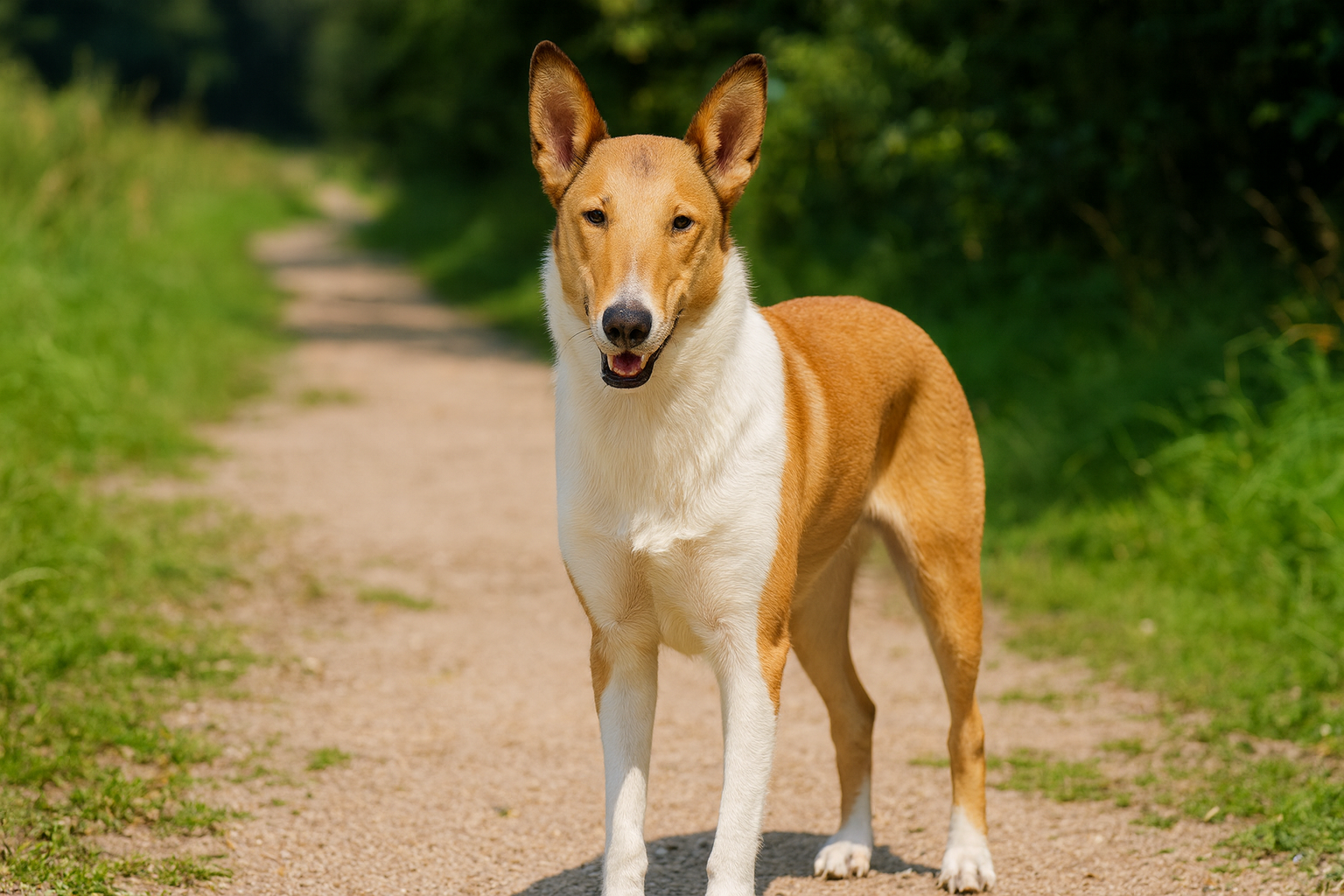 Fotorealistisches KI-Bild eines Lancashire-Heelers, der freundlich in die Kamera schaut, während er auf einem sonnigen Naturweg steht.