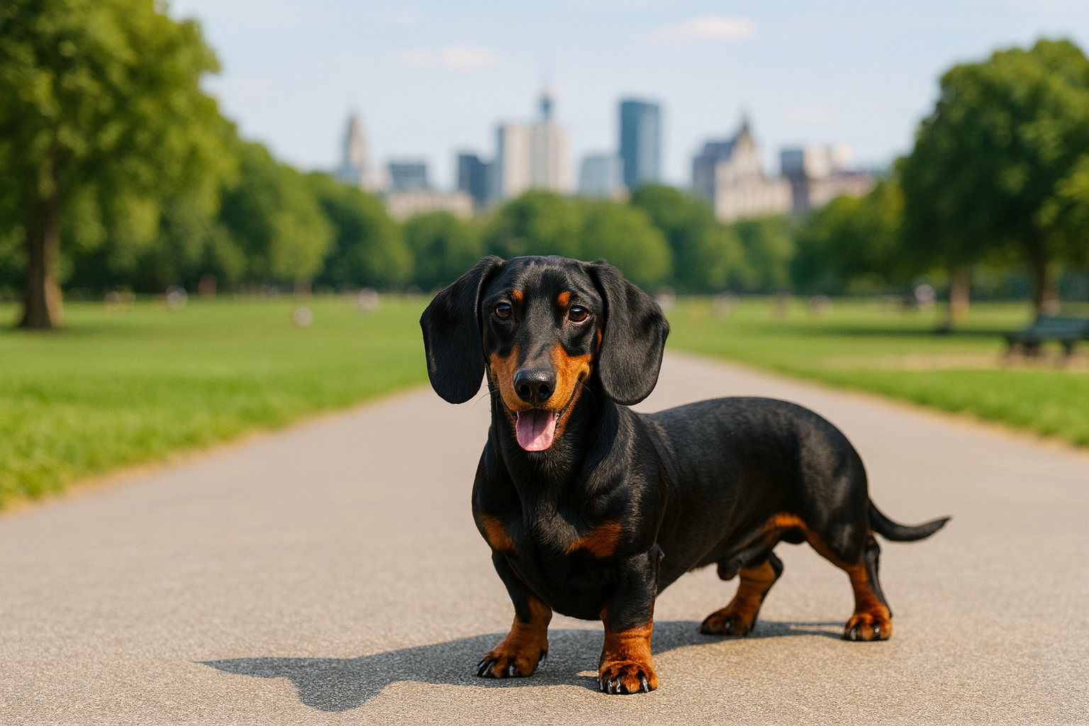 Kurzhaardackel in fotorealistischer KI-Darstellung auf einem Weg im Park. Im Hintergrund sieht man Hochhäuser. Der Hund blickt freundlich in die Kamera.