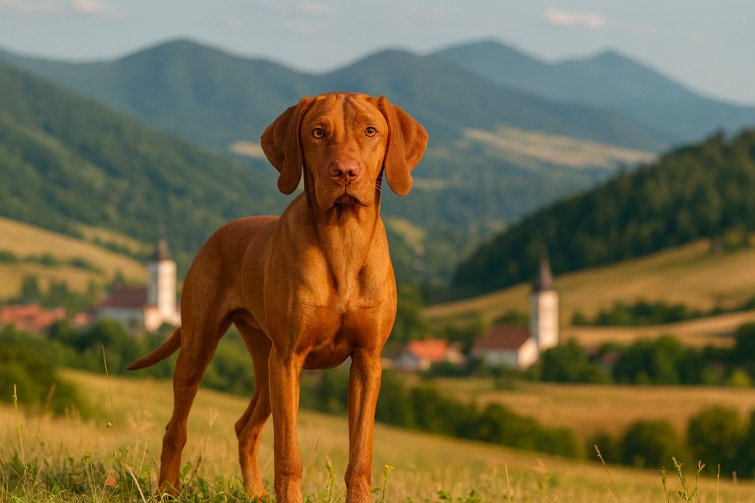 KI Bild eines Kurzhaarigen Ungarischen Vorstehhundes, der in einer schönen Hügellandschaft steht. Im Hintergrund sieht man ein kleines Dorf mit einer Kirche.